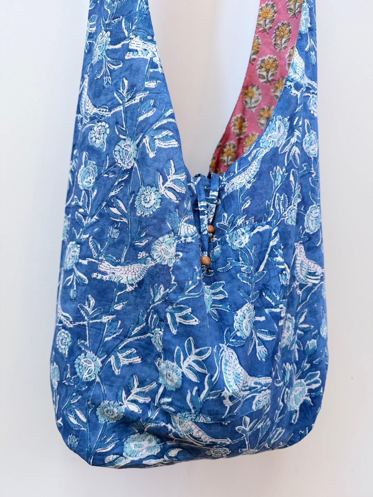 Handmade Reversible Harmony Bag: Bluebirds and Peach Daisies