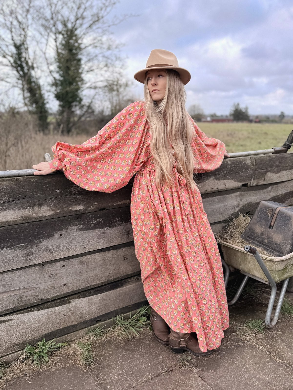 The Evangelina Peach Daisies Dress | Traditionally Made and Hand Block Printed