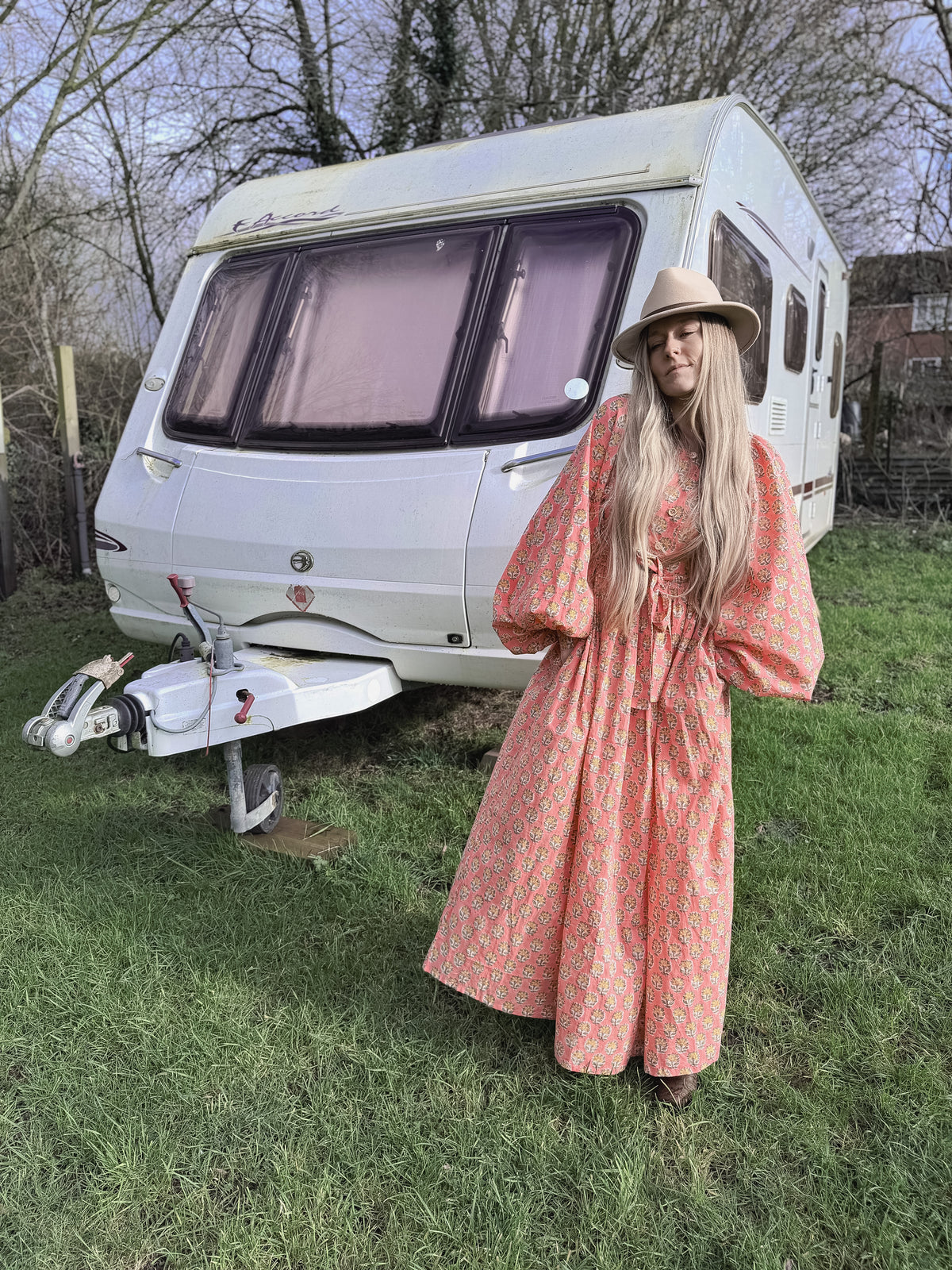 The Evangelina Peach Daisies Dress | Traditionally Made and Hand Block Printed
