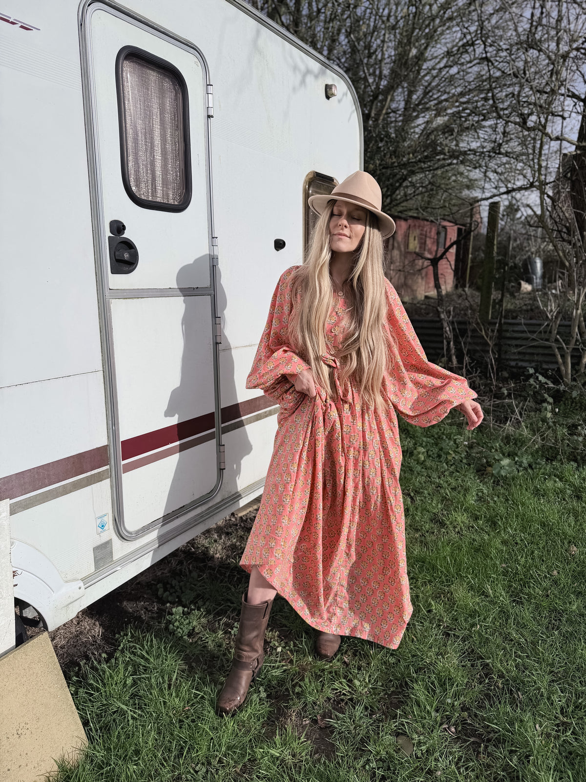 The Evangelina Peach Daisies Dress | Traditionally Made and Hand Block Printed