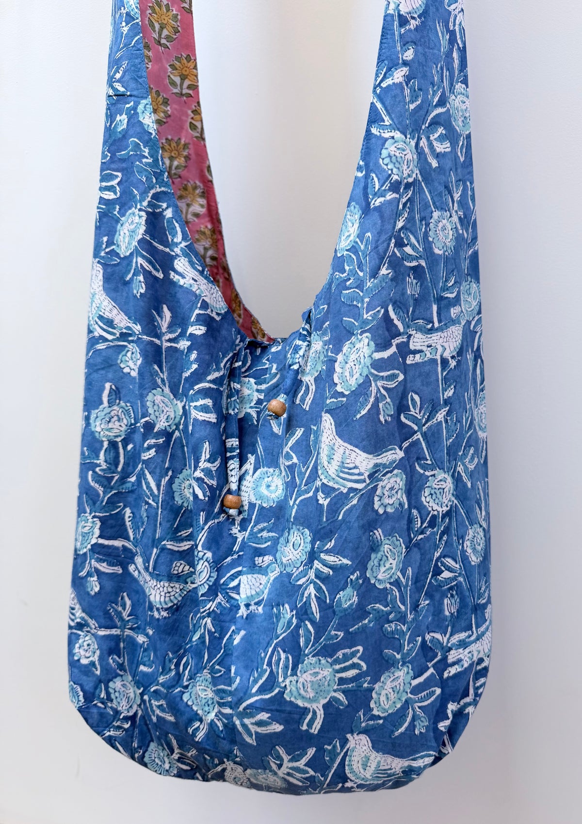 Handmade Reversible Harmony Bag: Bluebirds and Peach Daisies