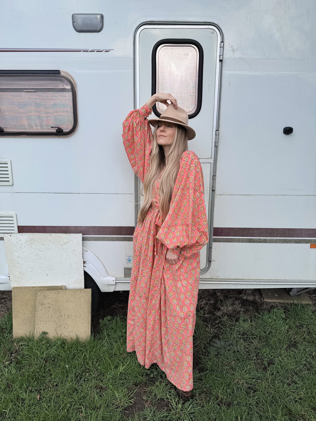 The Evangelina Peach Daisies Dress | Traditionally Made and Hand Block Printed
