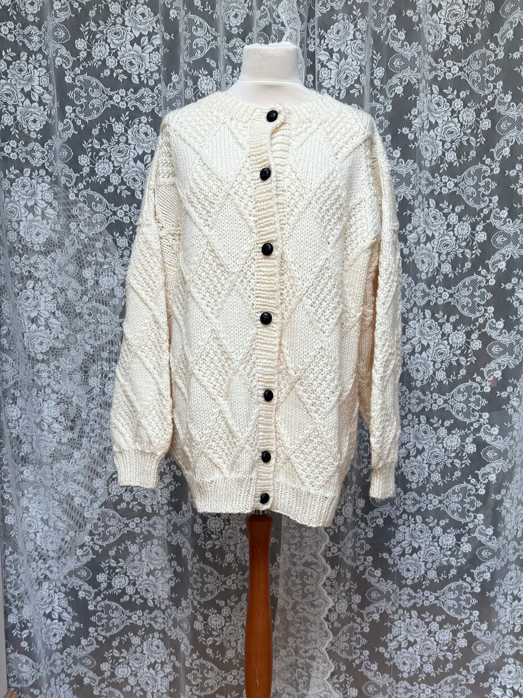 Snow White: Hand-Knitted Oversized Diamond Aran Knit Cardigan