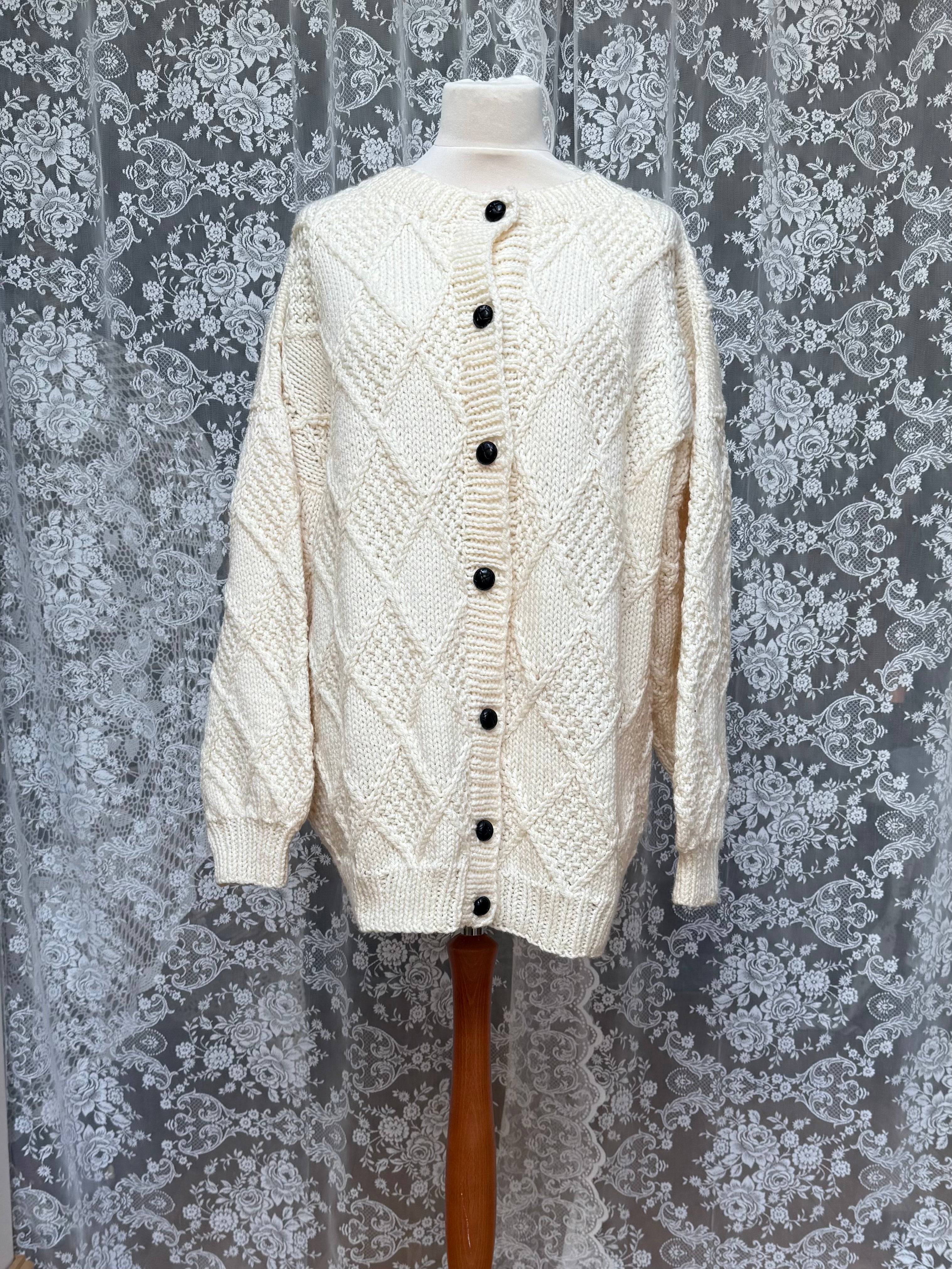 Snow White: Hand-Knitted Oversized Diamond Aran Knit Cardigan