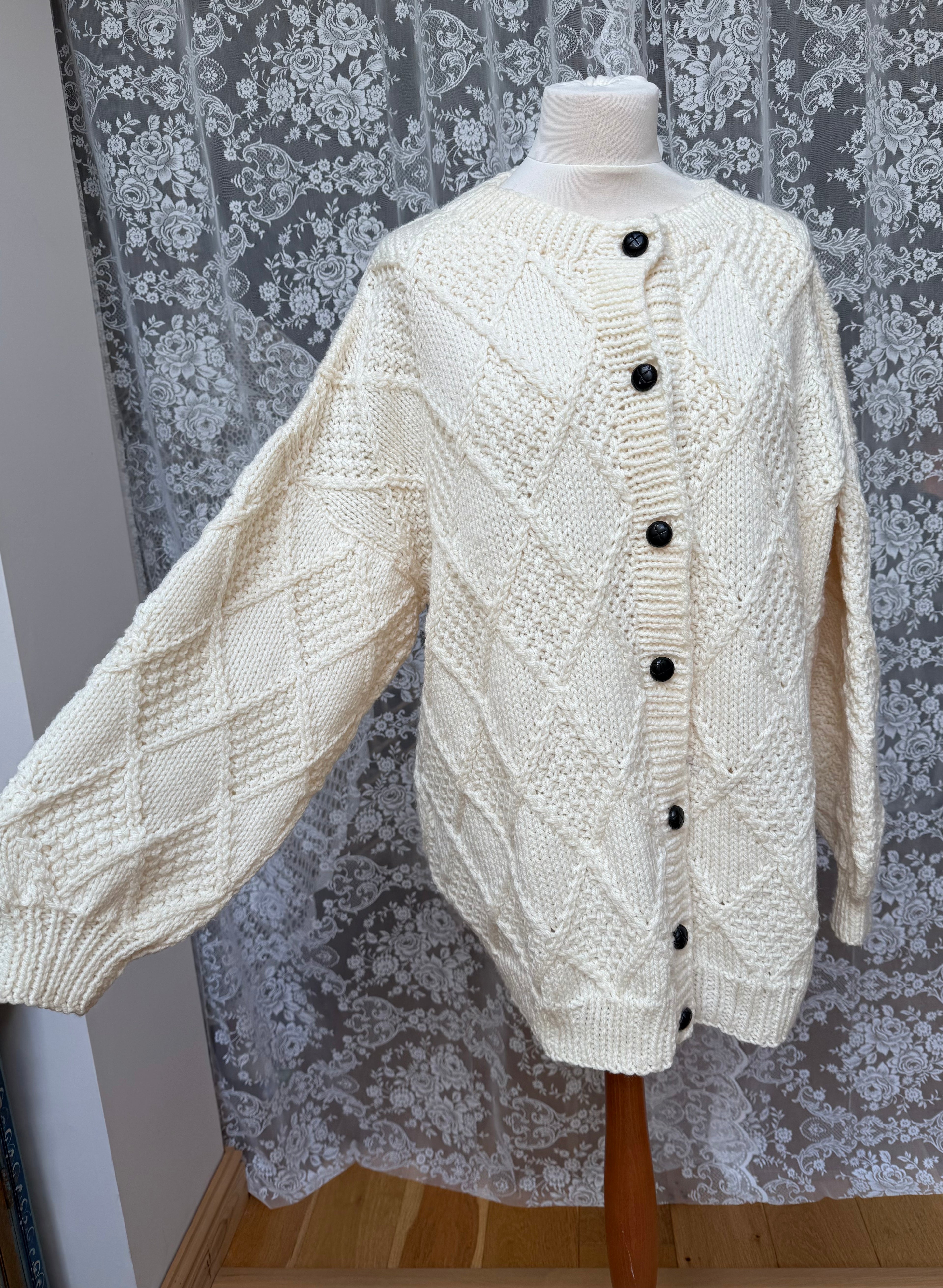 Snow White: Hand-Knitted Oversized Diamond Aran Knit Cardigan