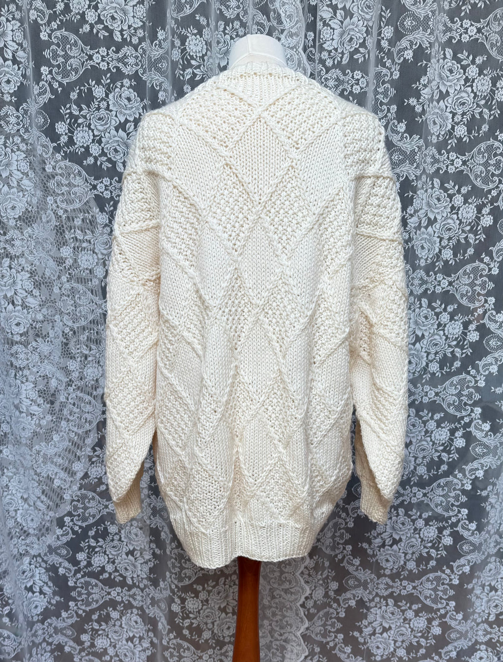 Snow White: Hand-Knitted Oversized Diamond Aran Knit Cardigan