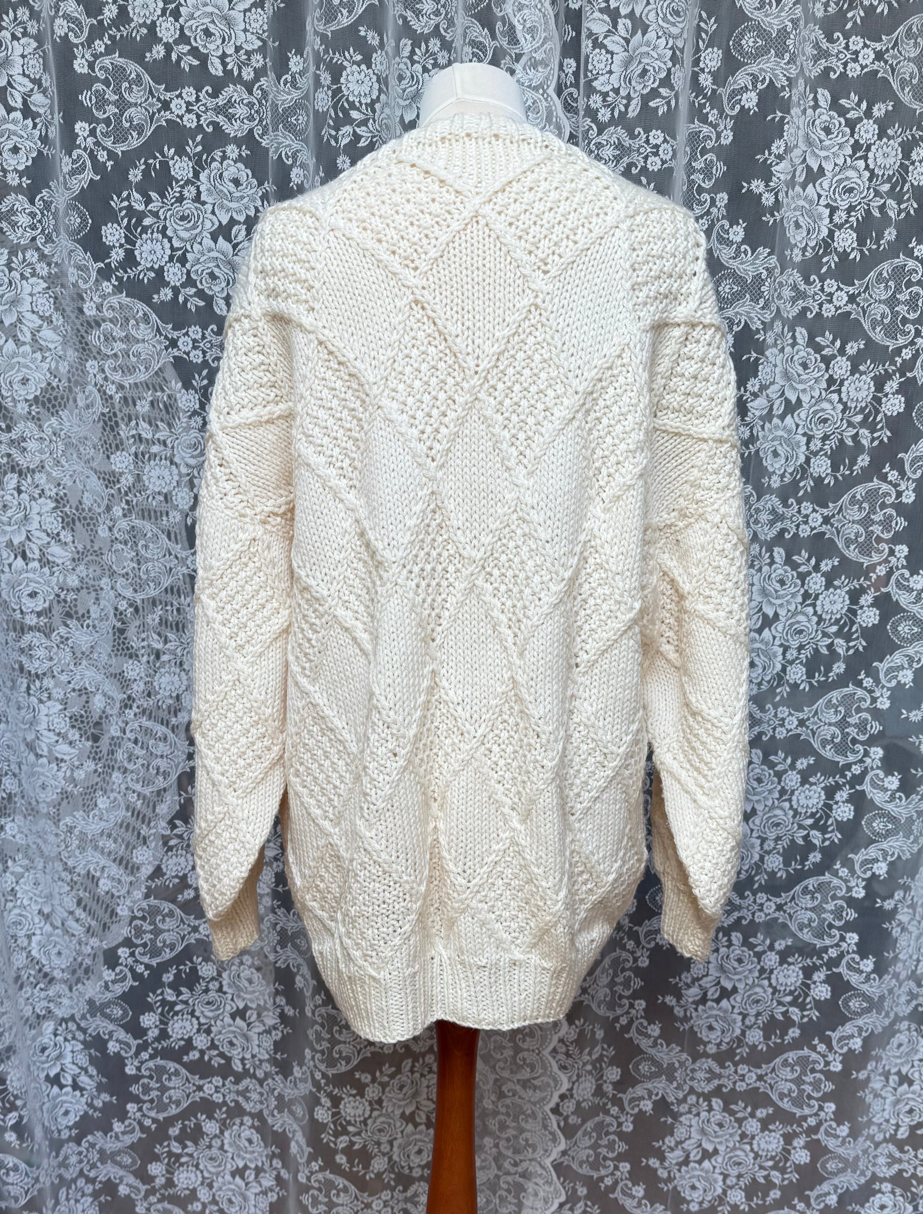 Snow White: Hand-Knitted Oversized Diamond Aran Knit Cardigan
