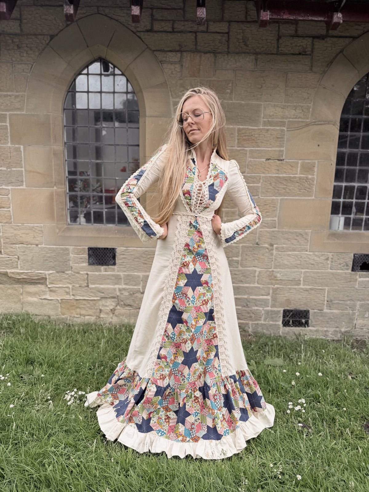 Vintage 1970s Gunne Sax Patchwork Lace Corset Prairie Dress
