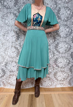 Vintage Marisa Martin 1970s Silk Panel Midi Dress With Hand-Embroidered Flowers & Birds