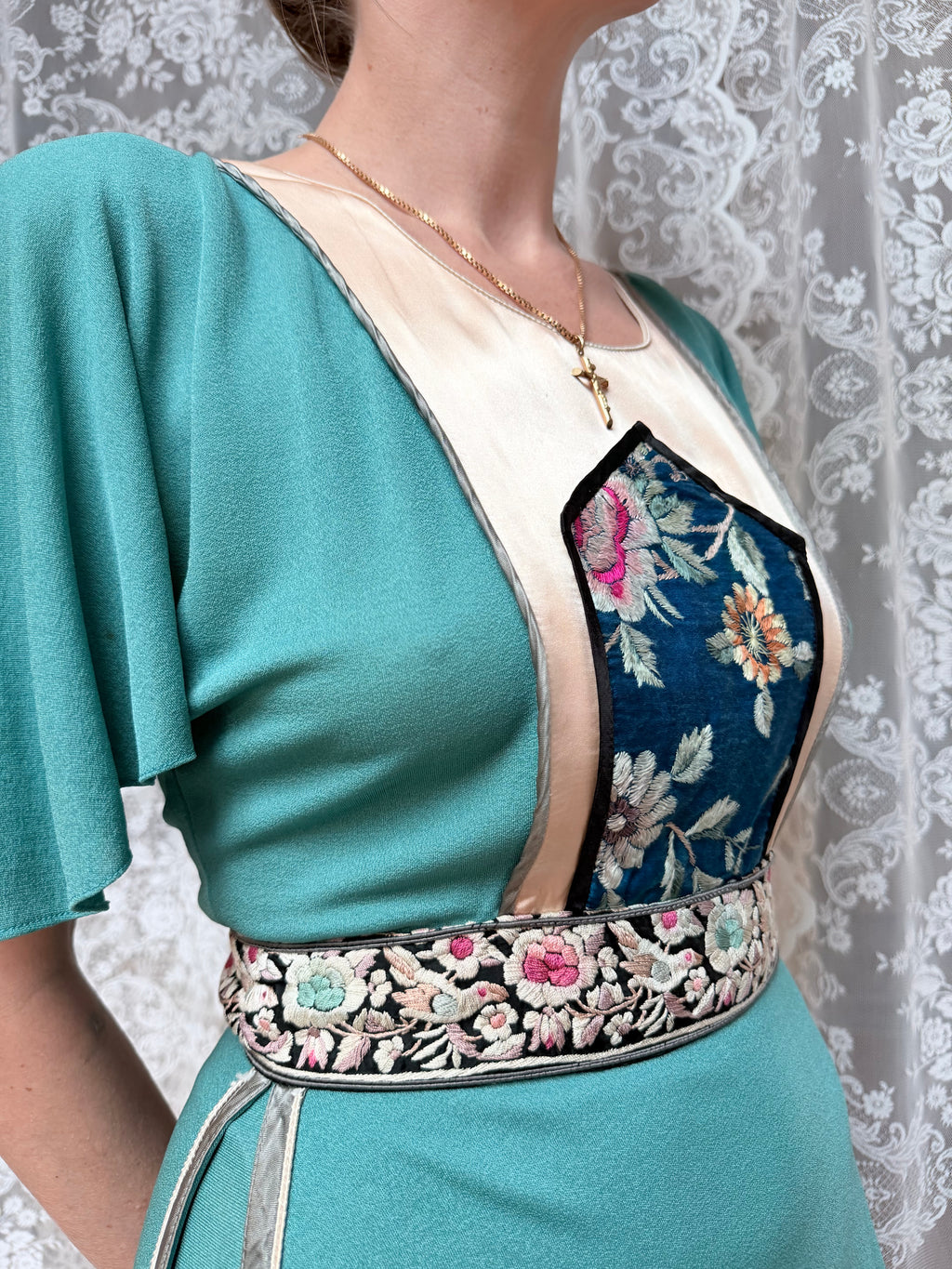 Vintage Marisa Martin 1970s Silk Panel Midi Dress With Hand-Embroidered Flowers & Birds