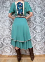Vintage Marisa Martin 1970s Silk Panel Midi Dress With Hand-Embroidered Flowers & Birds