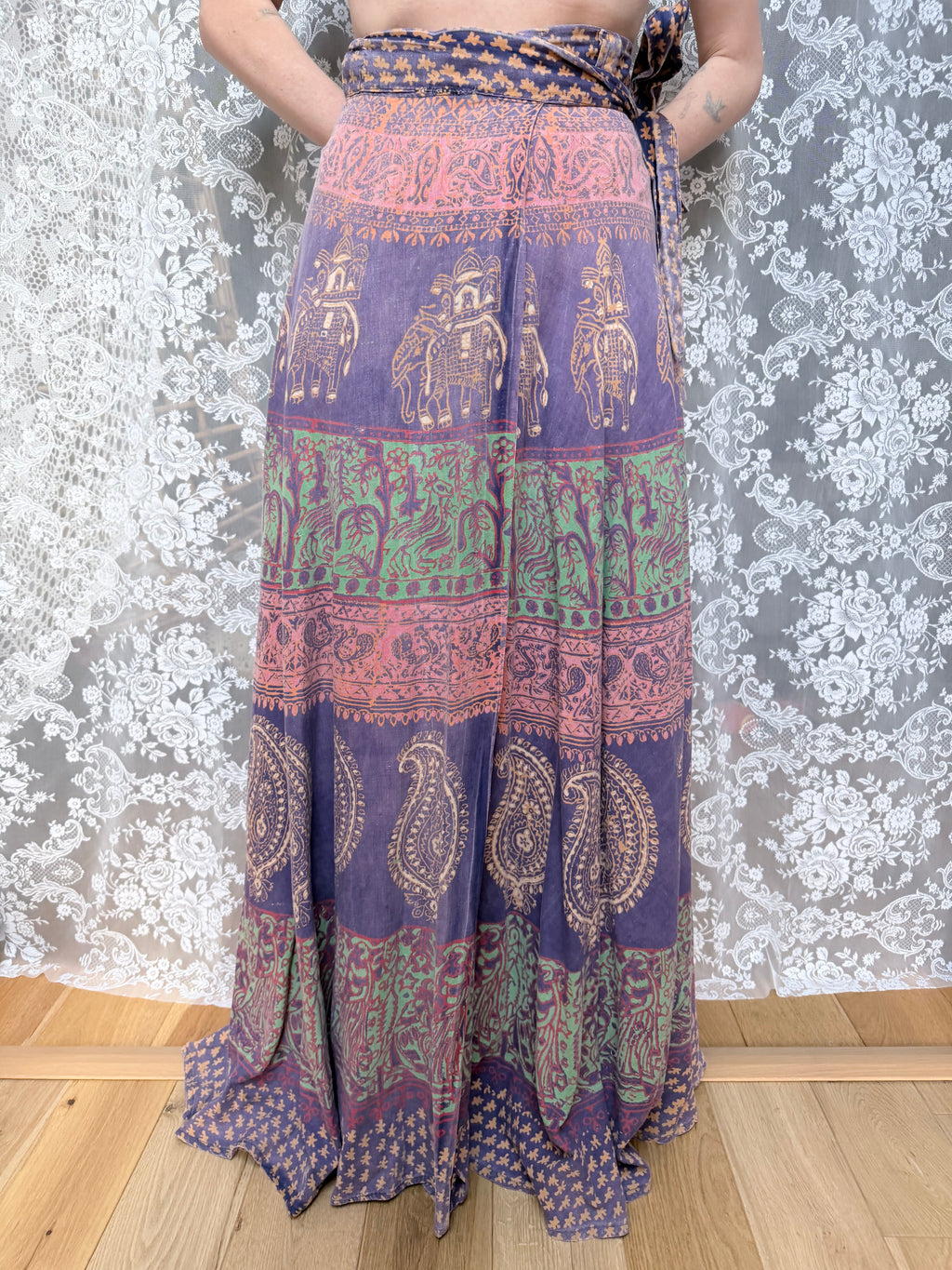 Vintage Bohemian 1970s Block Print Wrap Maxi Skirt