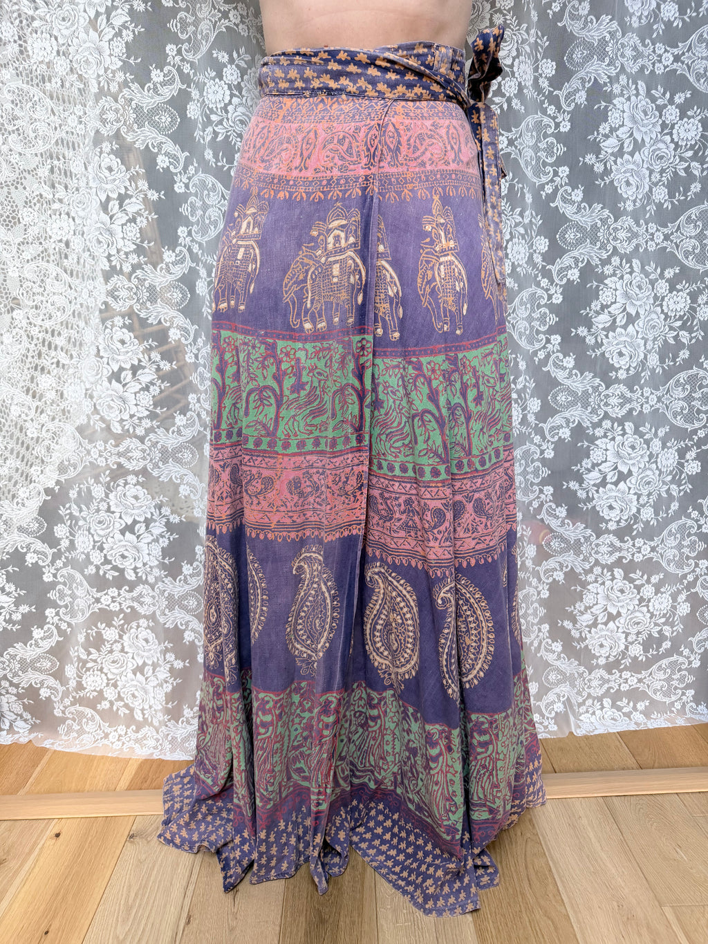 Vintage Bohemian 1970s Block Print Wrap Maxi Skirt
