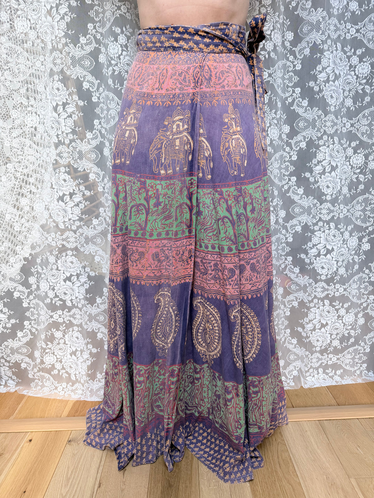Vintage Bohemian 1970s Block Print Wrap Maxi Skirt
