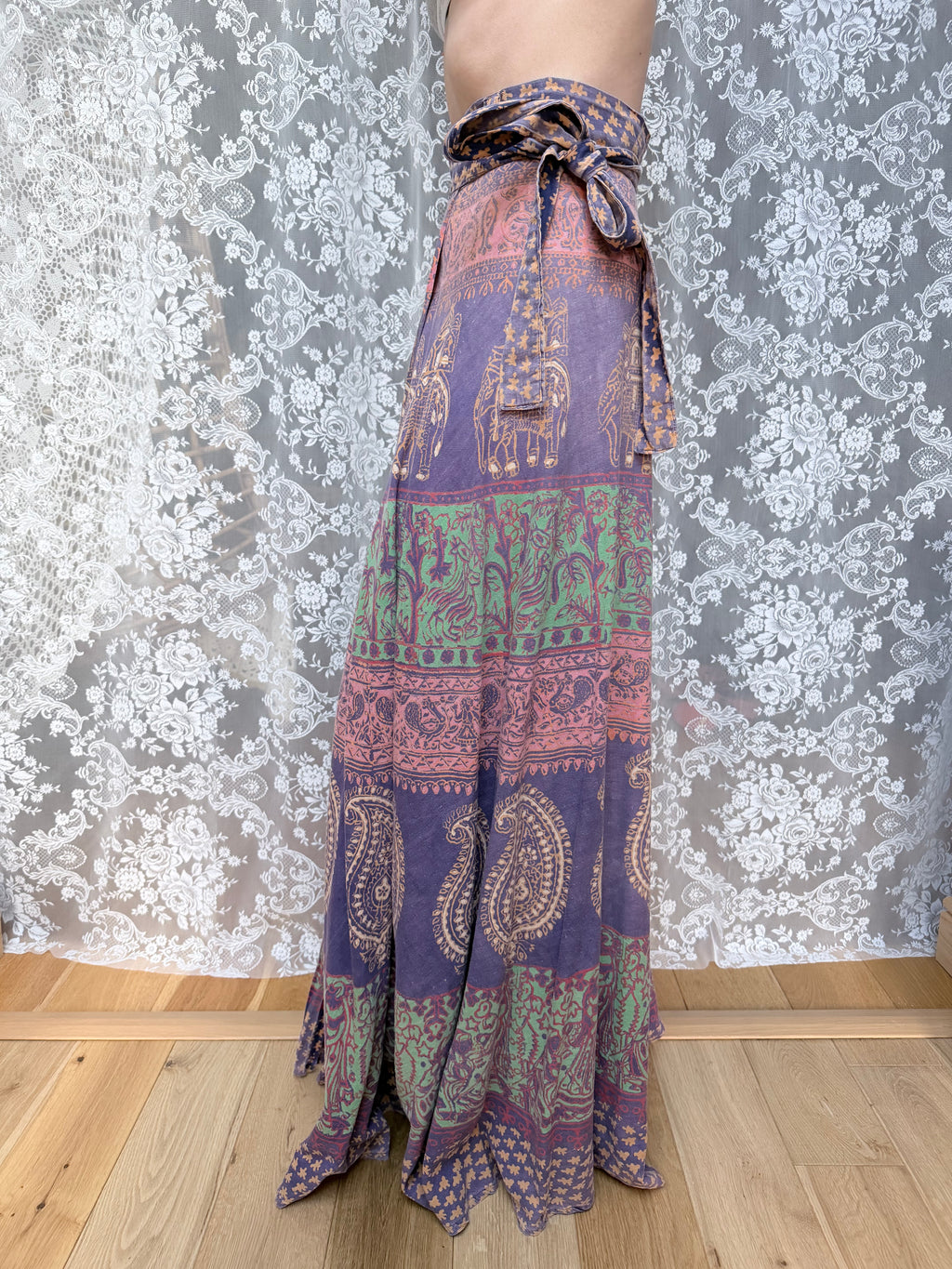 Vintage Bohemian 1970s Block Print Wrap Maxi Skirt