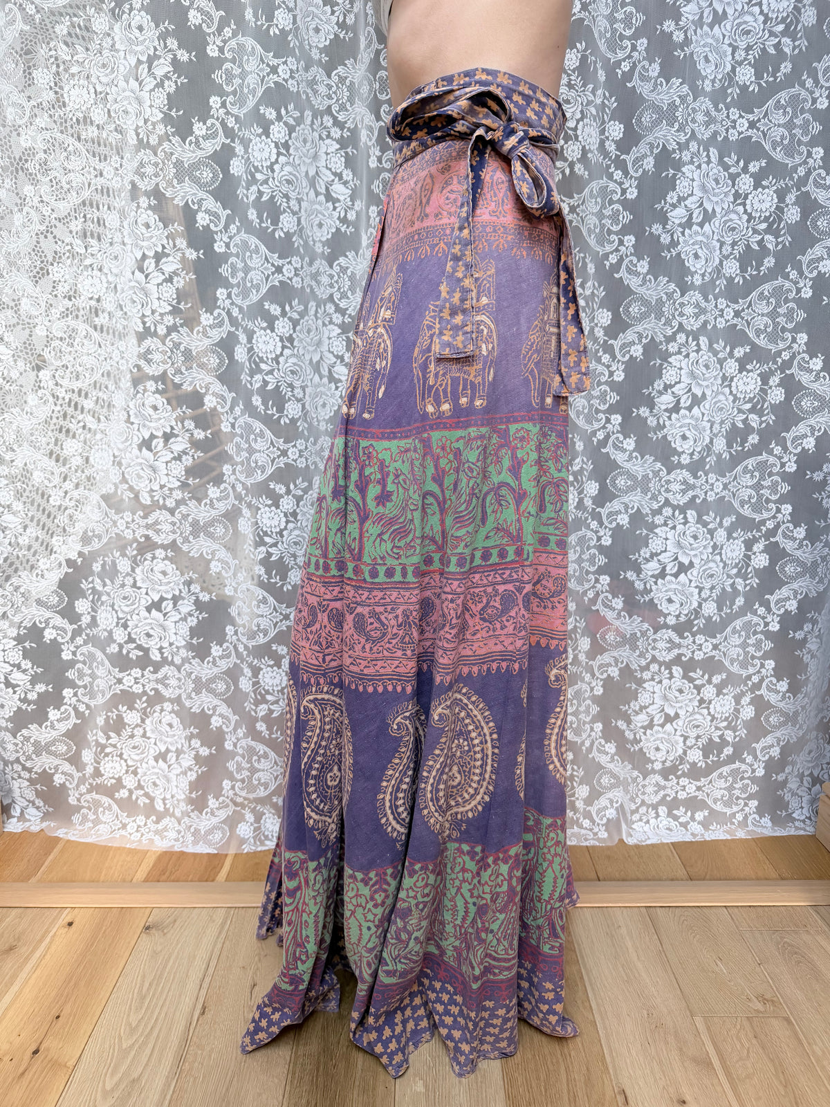 Vintage Bohemian 1970s Block Print Wrap Maxi Skirt