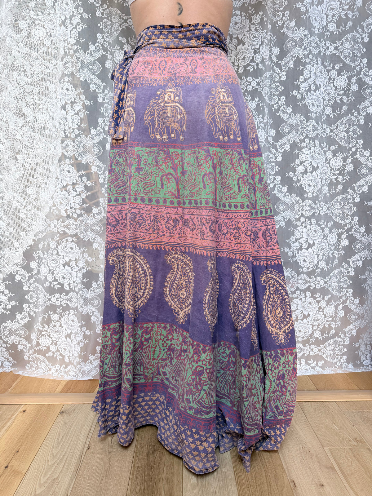 Vintage Bohemian 1970s Block Print Wrap Maxi Skirt