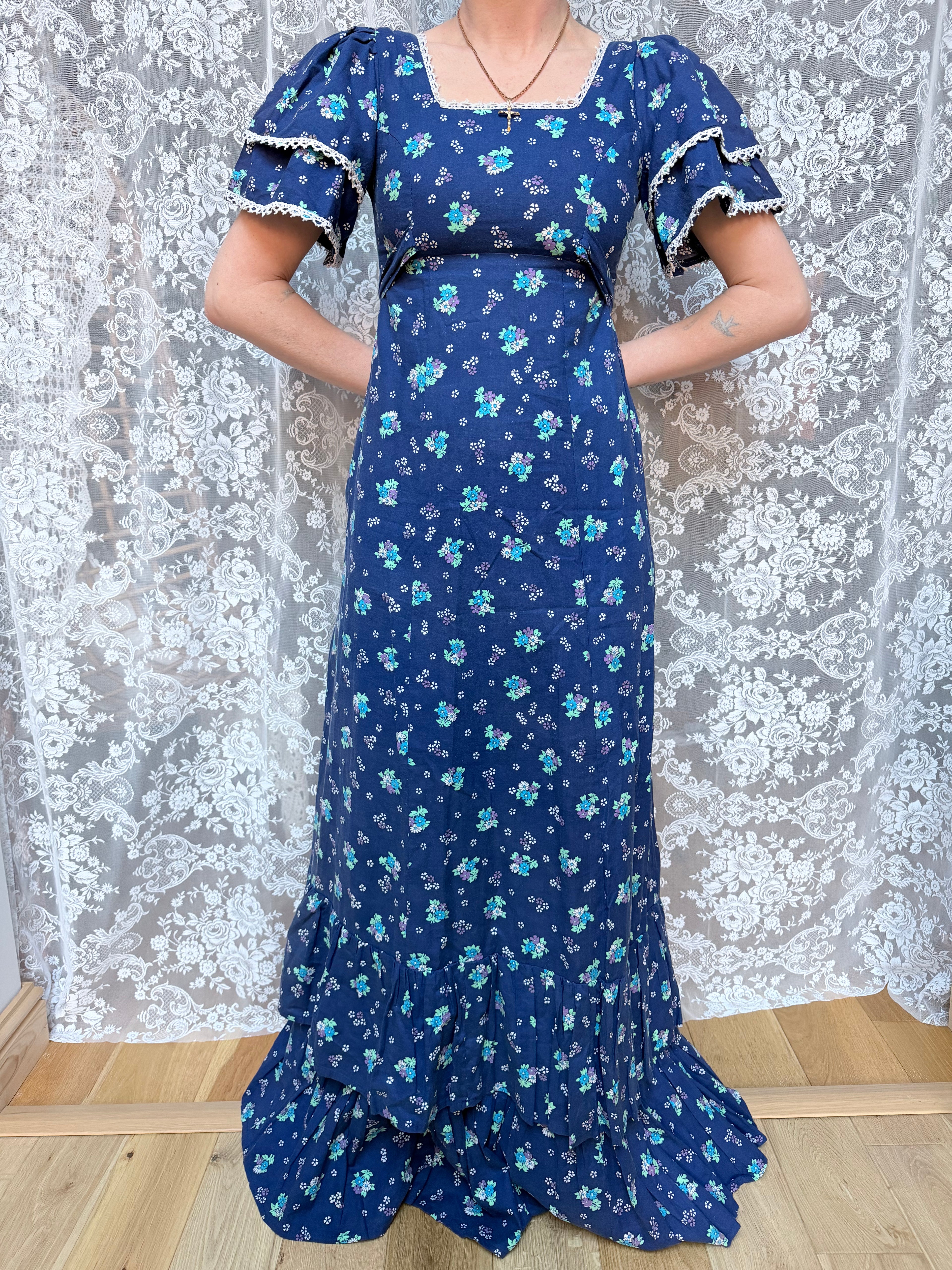 Vintage 1970s Travers Tempos London Prairie Blue Maxi Dress