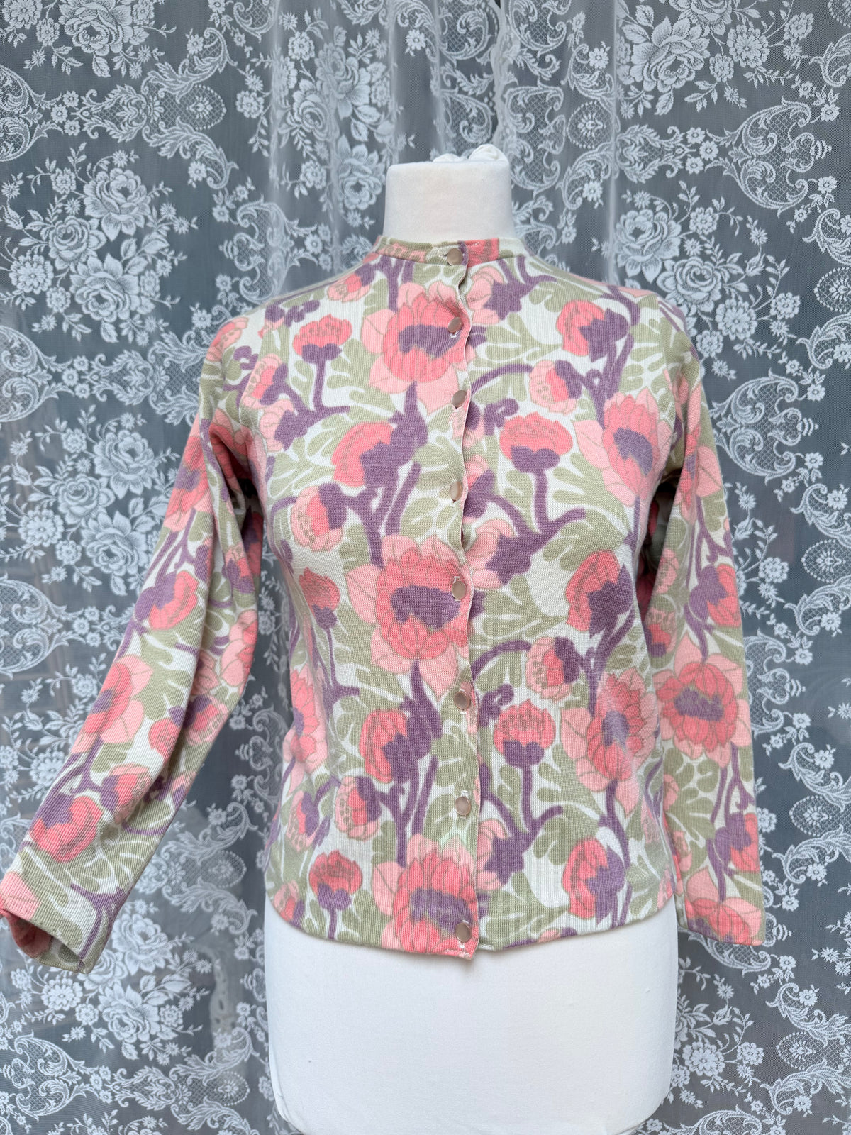 Vintage 1960s Handmade Floral Coral Cardigan