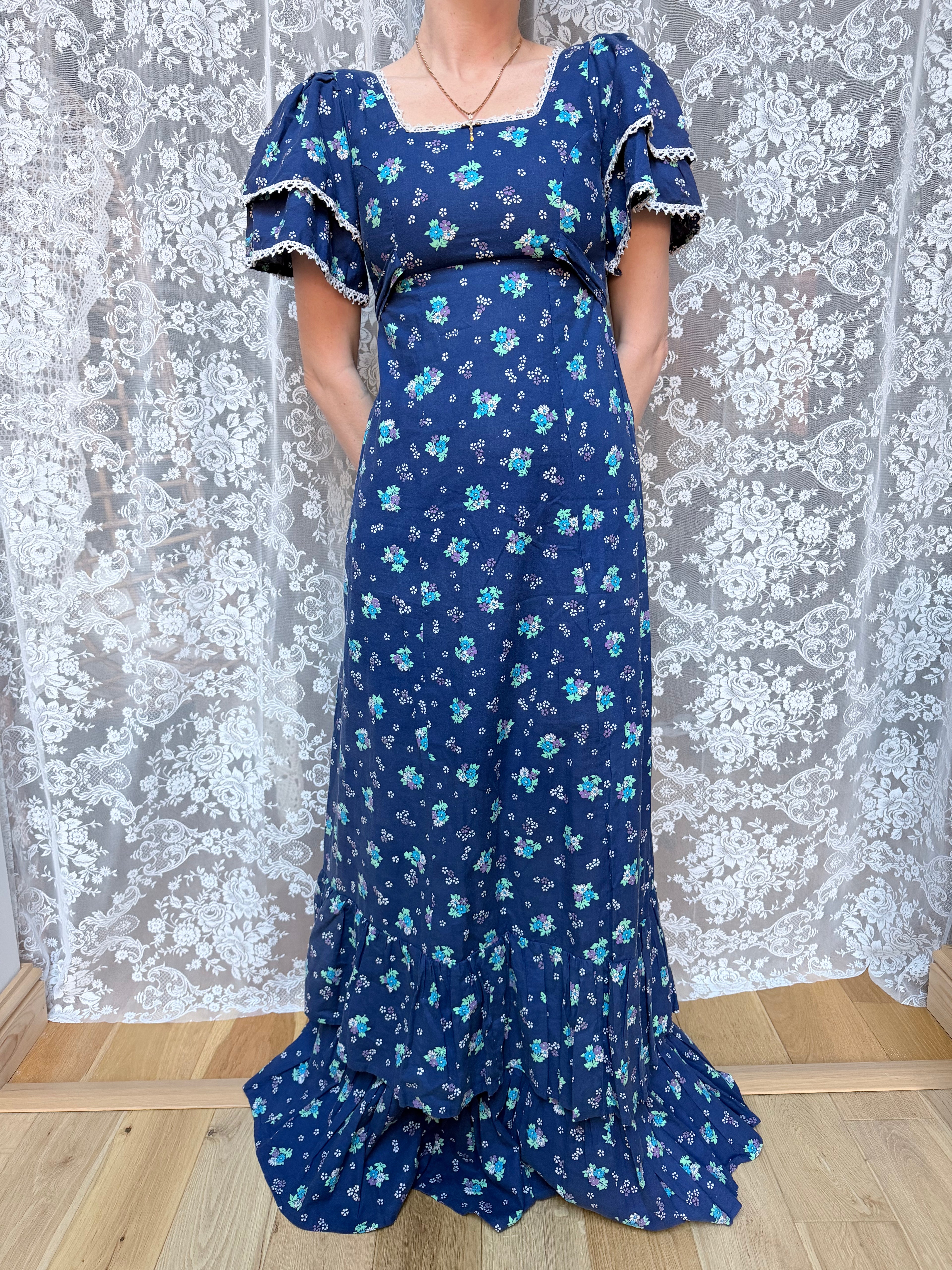 Vintage 1970s Travers Tempos London Prairie Blue Maxi Dress