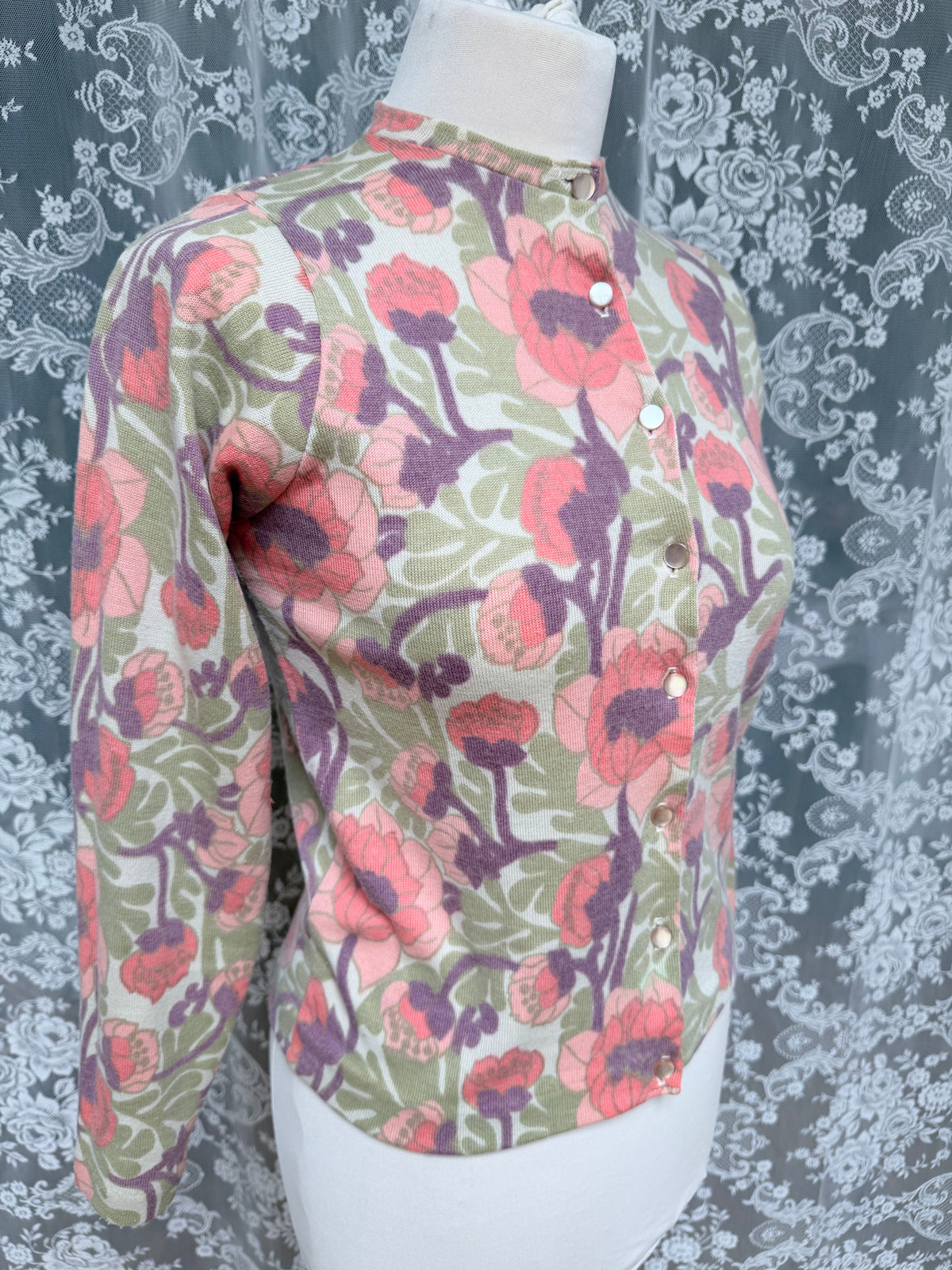 Vintage 1960s Handmade Floral Coral Cardigan