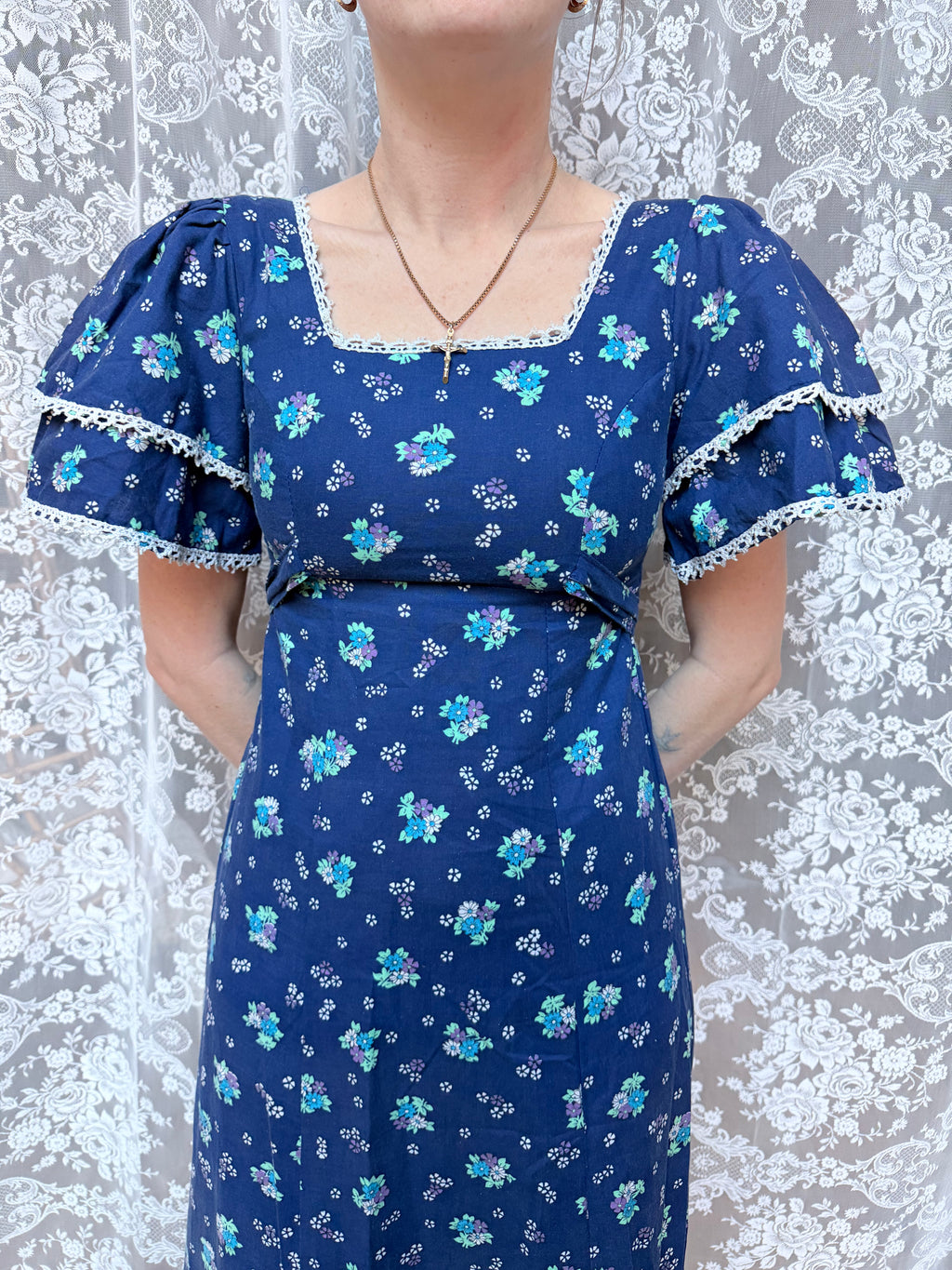 Vintage 1970s Travers Tempos London Prairie Blue Maxi Dress