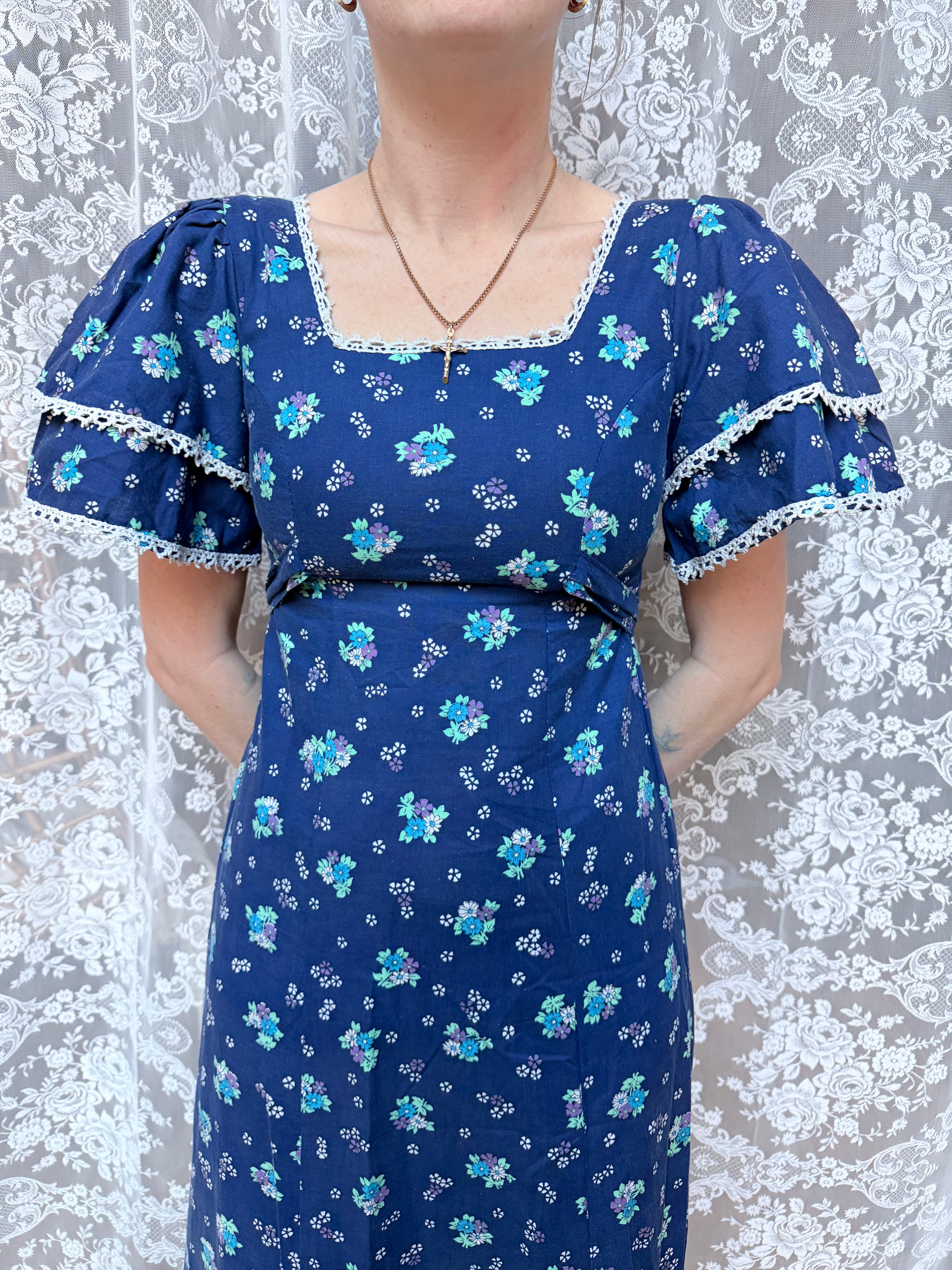 Vintage 1970s Travers Tempos London Prairie Blue Maxi Dress