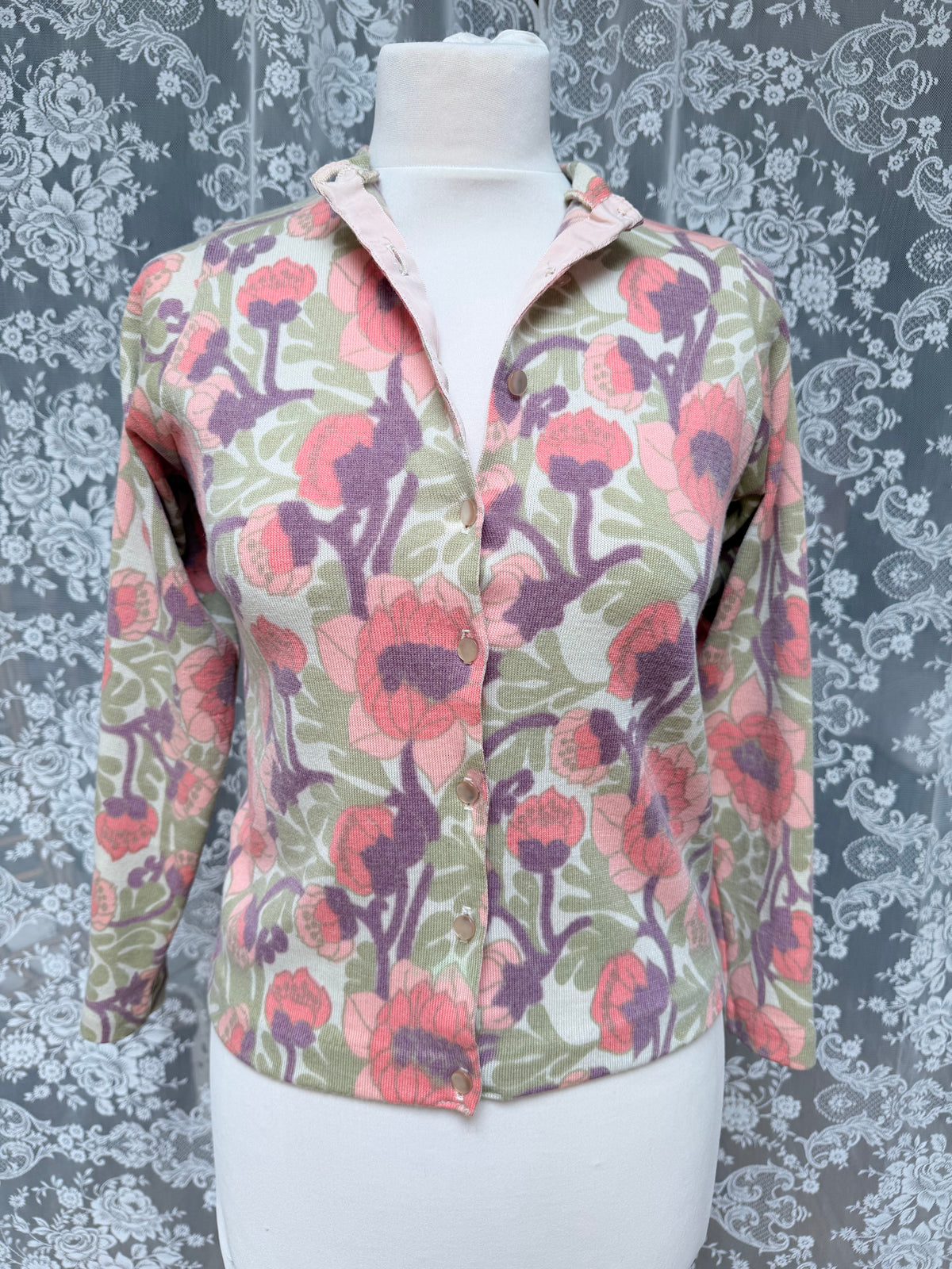Vintage 1960s Handmade Floral Coral Cardigan