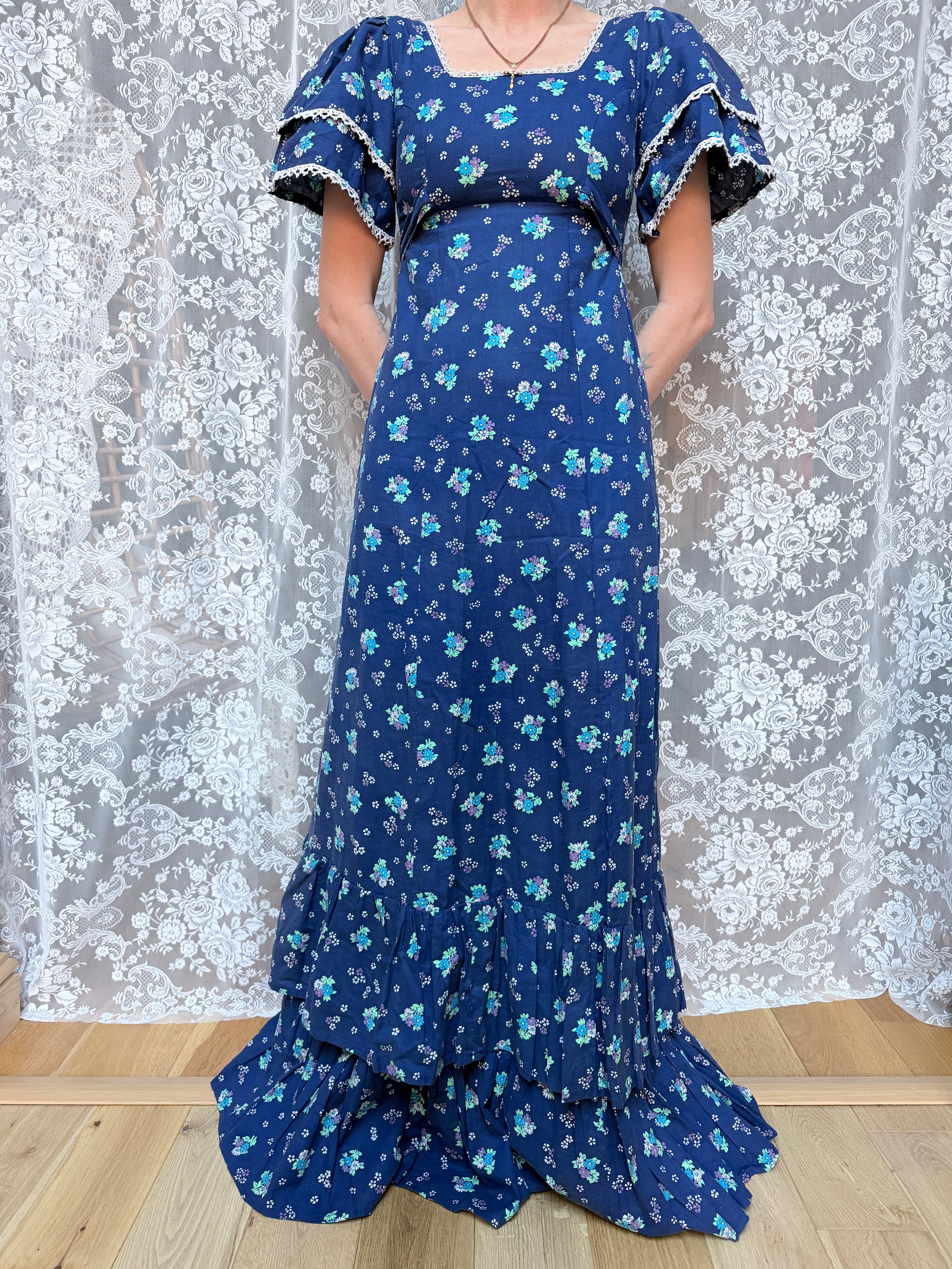 Vintage 1970s Travers Tempos London Prairie Blue Maxi Dress