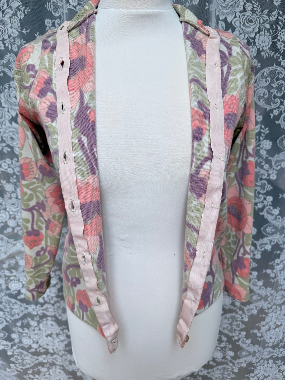 Vintage 1960s Handmade Floral Coral Cardigan