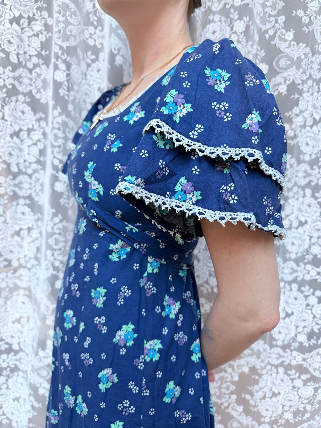 Vintage 1970s Travers Tempos London Prairie Blue Maxi Dress