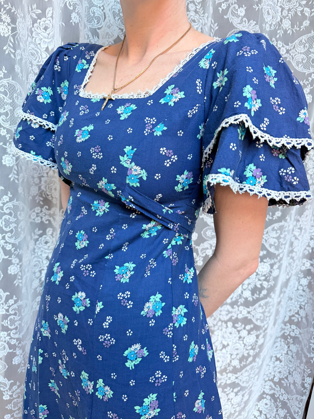 Vintage 1970s Travers Tempos London Prairie Blue Maxi Dress