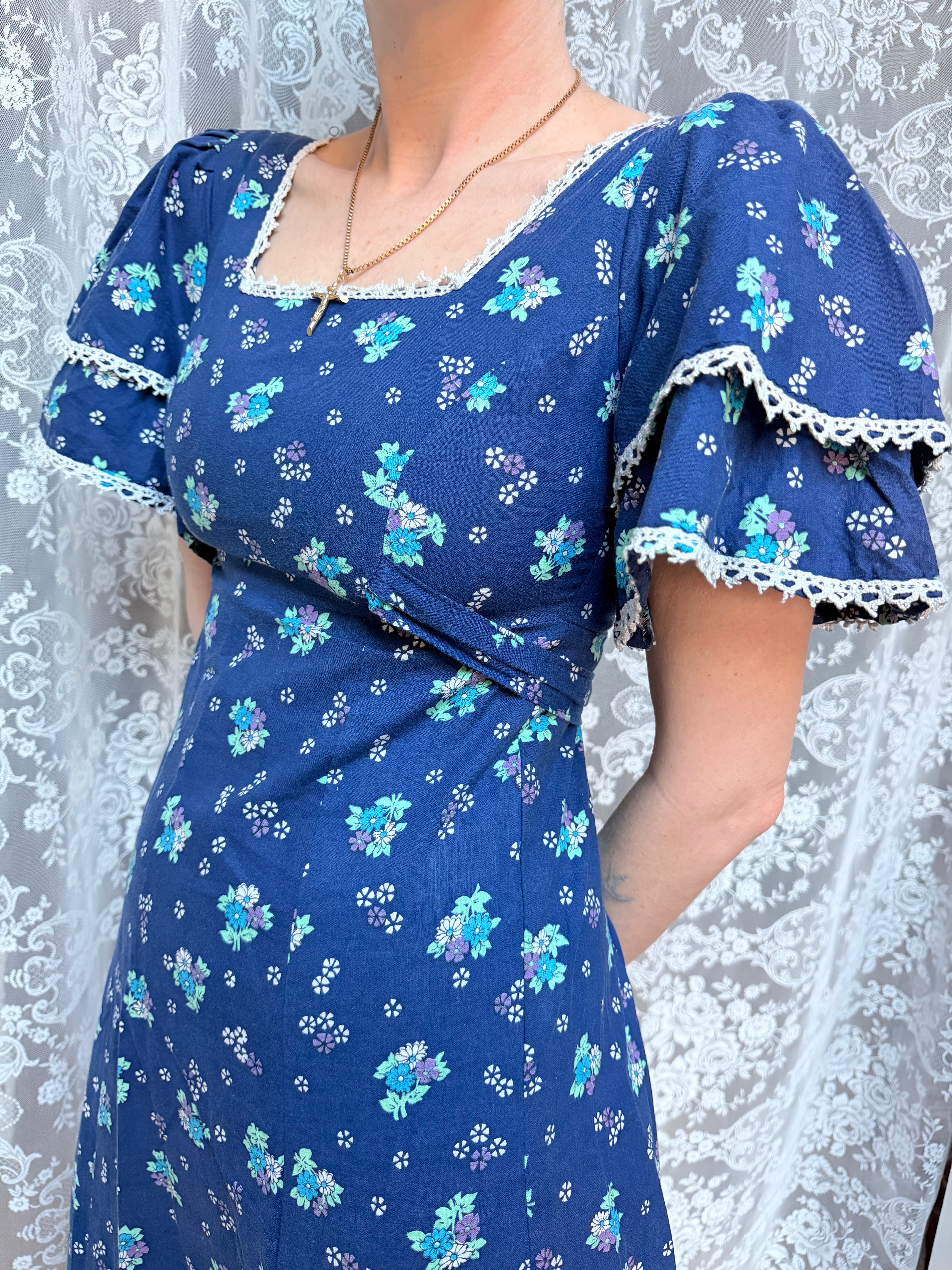 Vintage 1970s Travers Tempos London Prairie Blue Maxi Dress