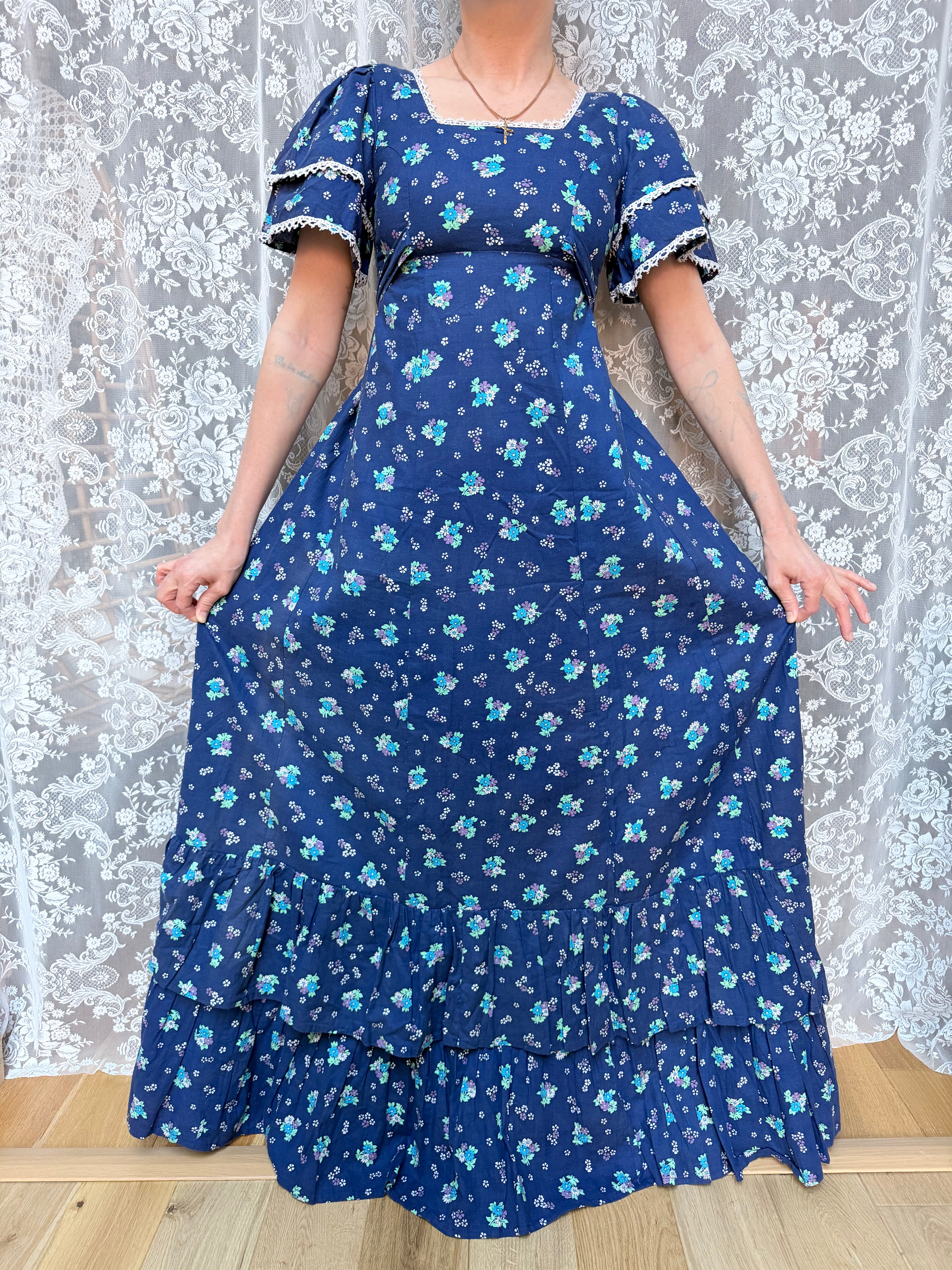Vintage 1970s Travers Tempos London Prairie Blue Maxi Dress