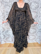 Vintage 1970s Witchy Gold Horse Print Angel Sleeve Maxi Dress