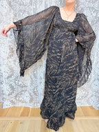 Vintage 1970s Witchy Gold Horse Print Angel Sleeve Maxi Dress