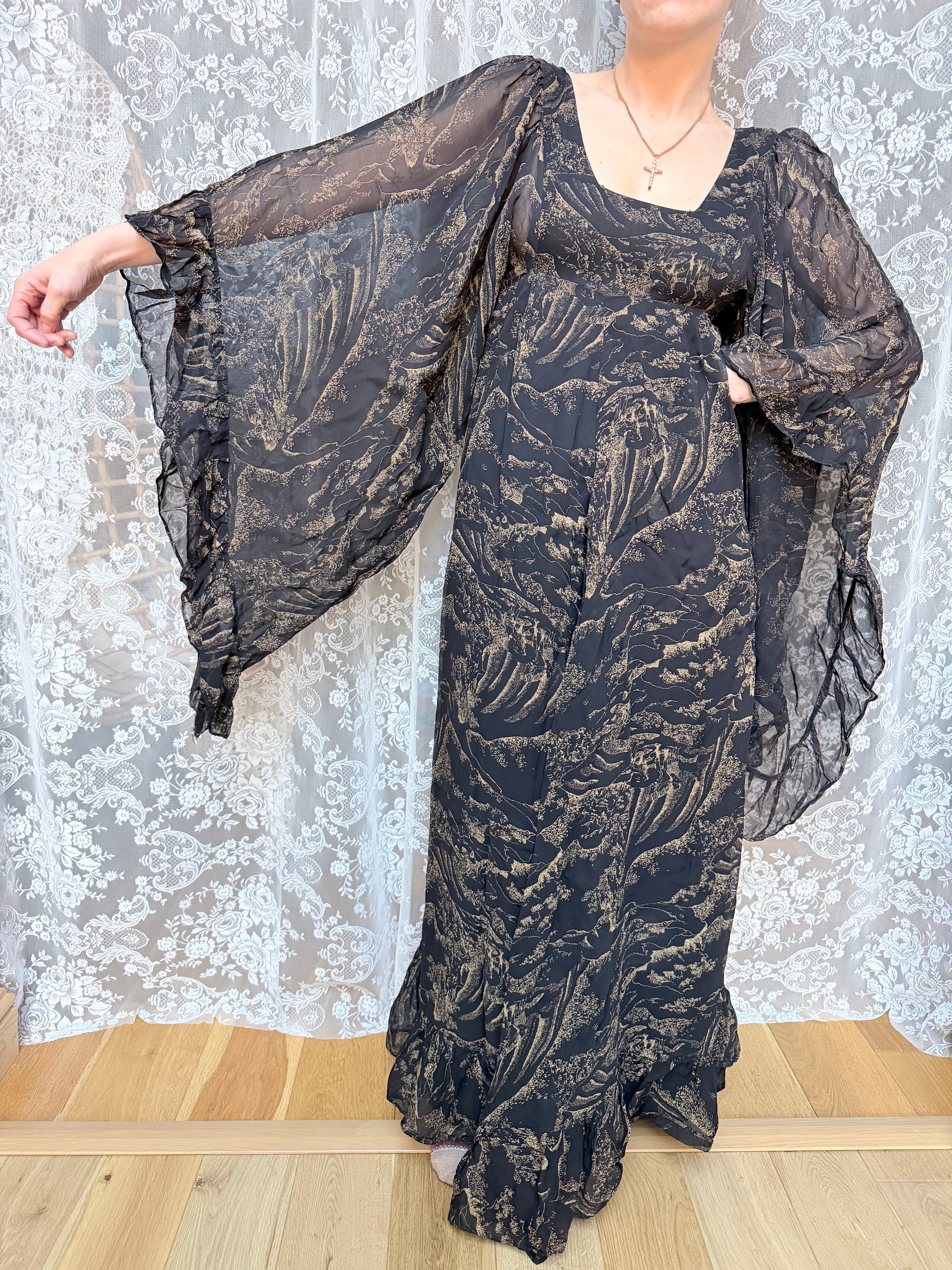 Vintage 1970s Witchy Gold Horse Print Angel Sleeve Maxi Dress