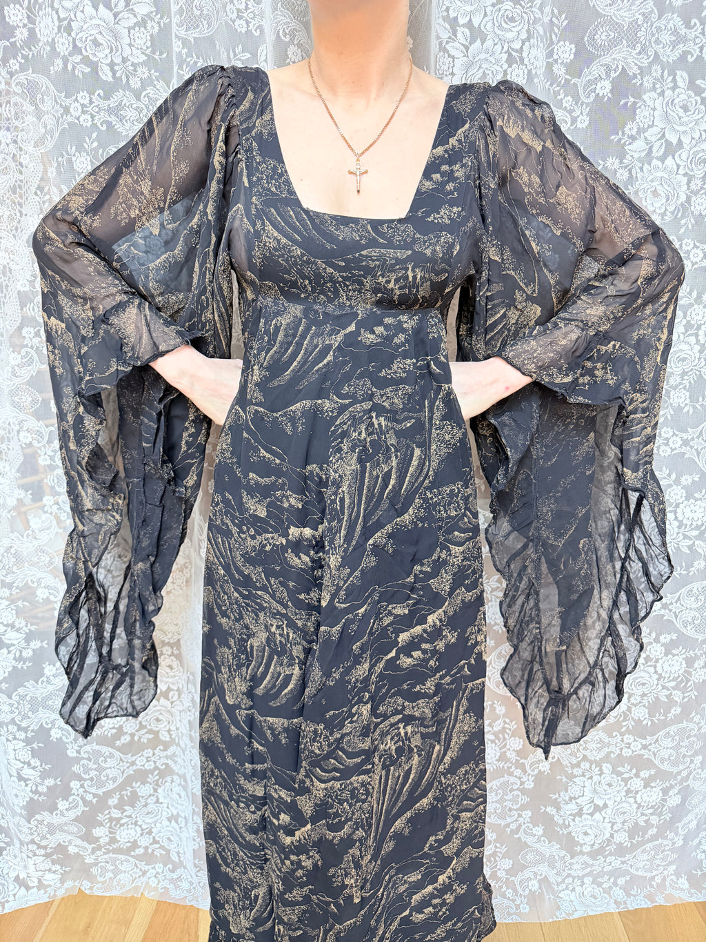 Vintage 1970s Witchy Gold Horse Print Angel Sleeve Maxi Dress