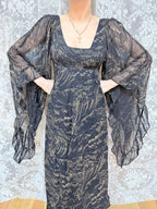 Vintage 1970s Witchy Gold Horse Print Angel Sleeve Maxi Dress