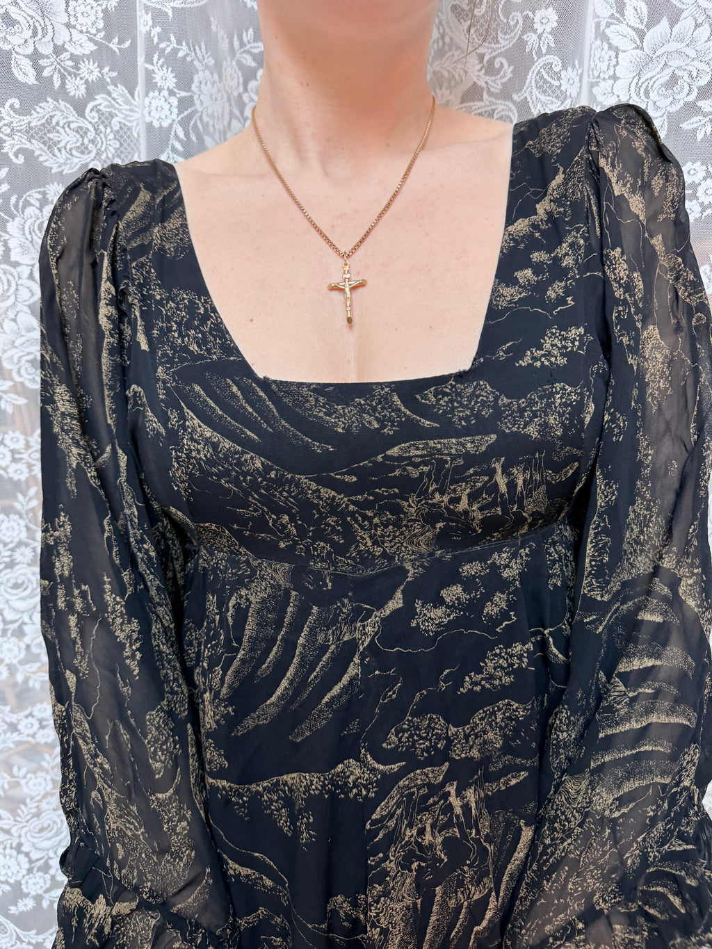 Vintage 1970s Witchy Gold Horse Print Angel Sleeve Maxi Dress