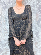 Vintage 1970s Witchy Gold Horse Print Angel Sleeve Maxi Dress