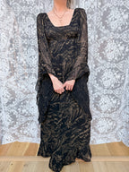 Vintage 1970s Witchy Gold Horse Print Angel Sleeve Maxi Dress