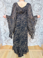 Vintage 1970s Witchy Gold Horse Print Angel Sleeve Maxi Dress
