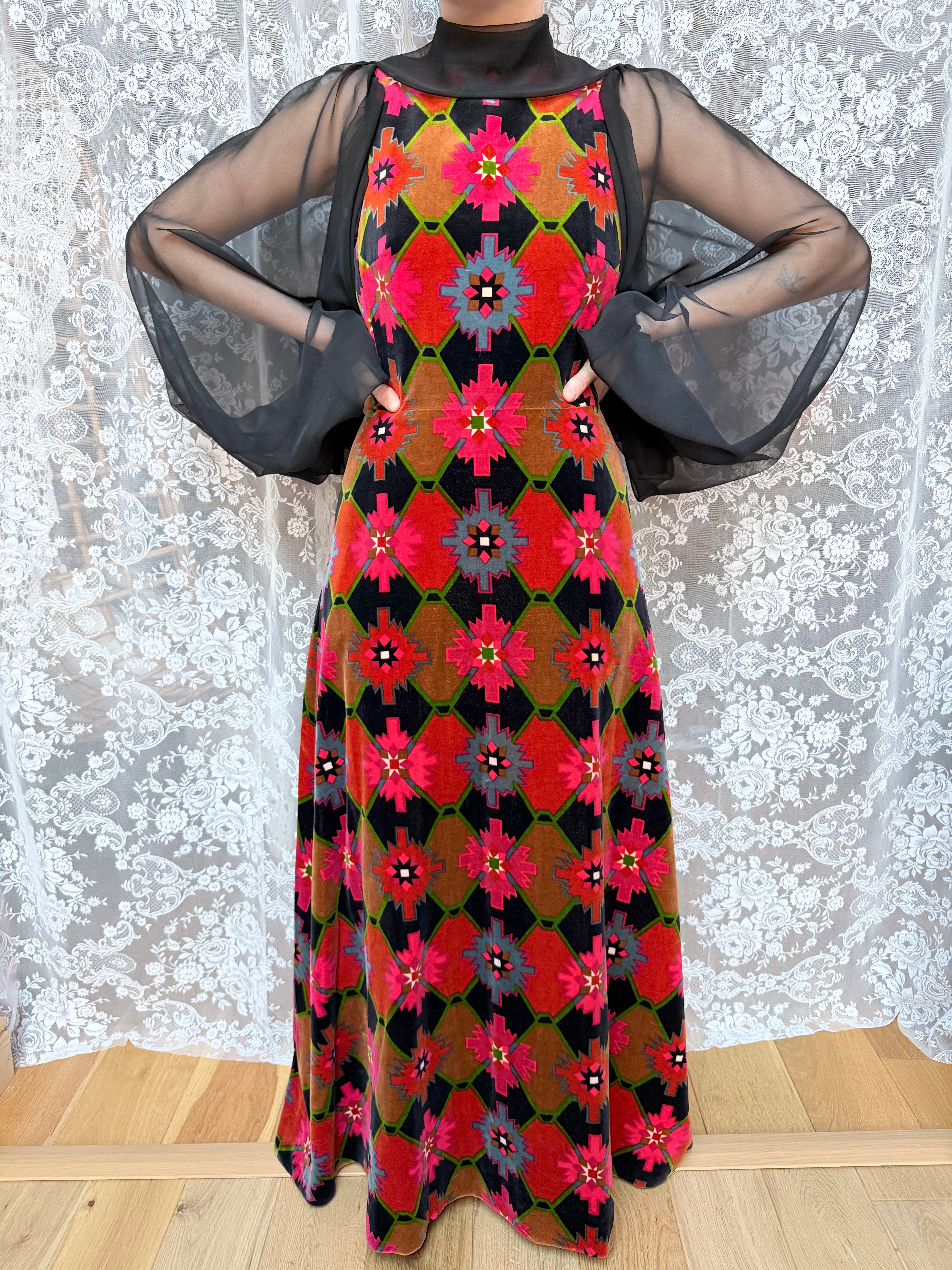 Vintage 1960s/1970s Frank Usher Velvet Geometric Maxi Dress