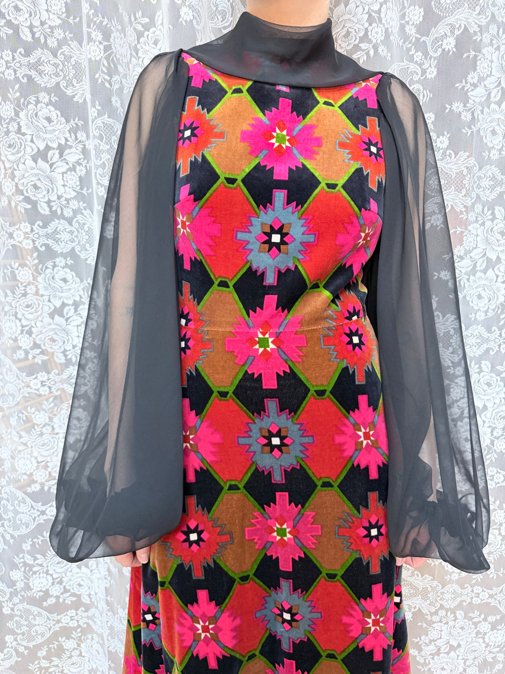 Vintage 1960s/1970s Frank Usher Velvet Geometric Maxi Dress
