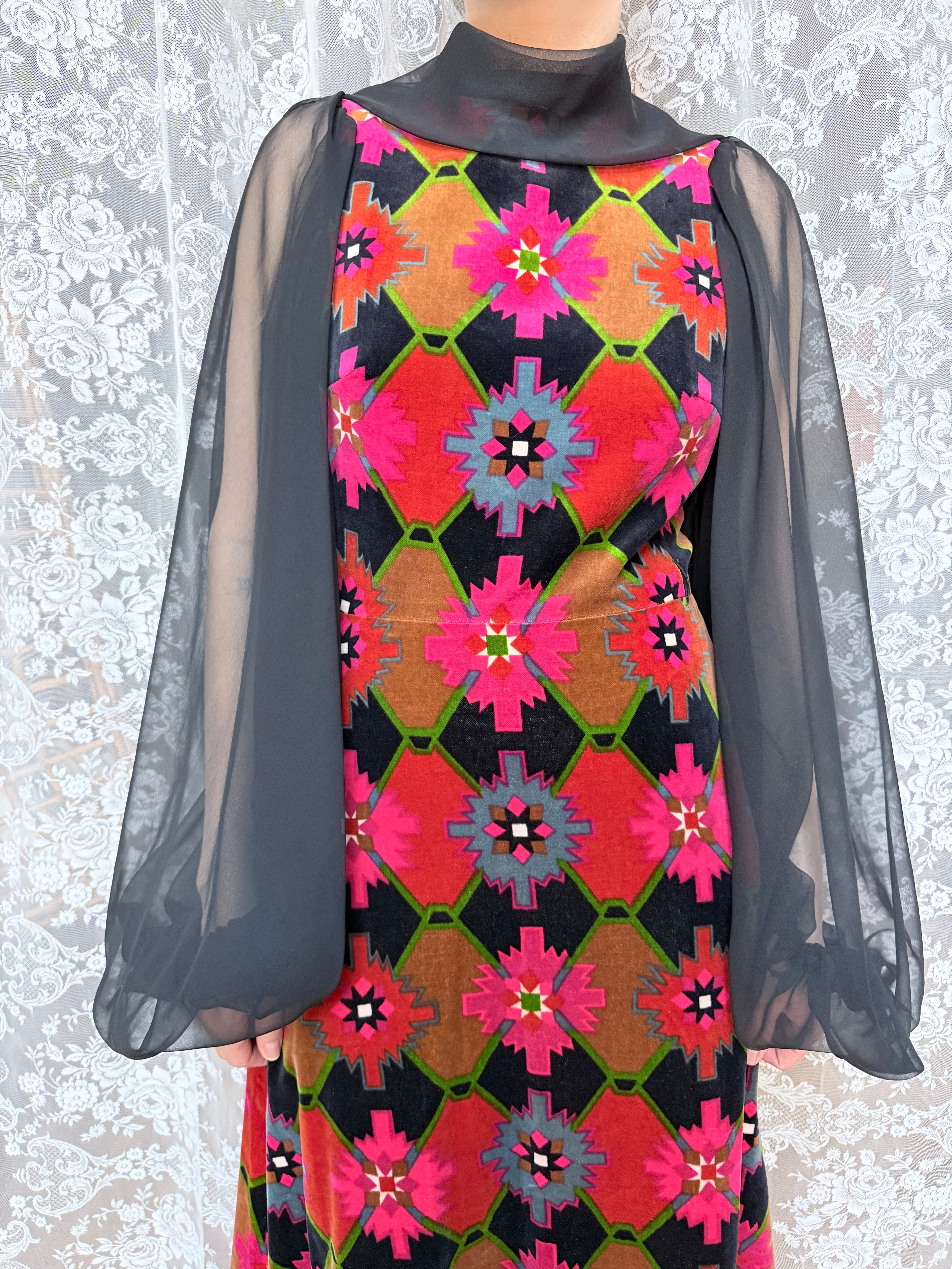 Vintage 1960s/1970s Frank Usher Velvet Geometric Maxi Dress