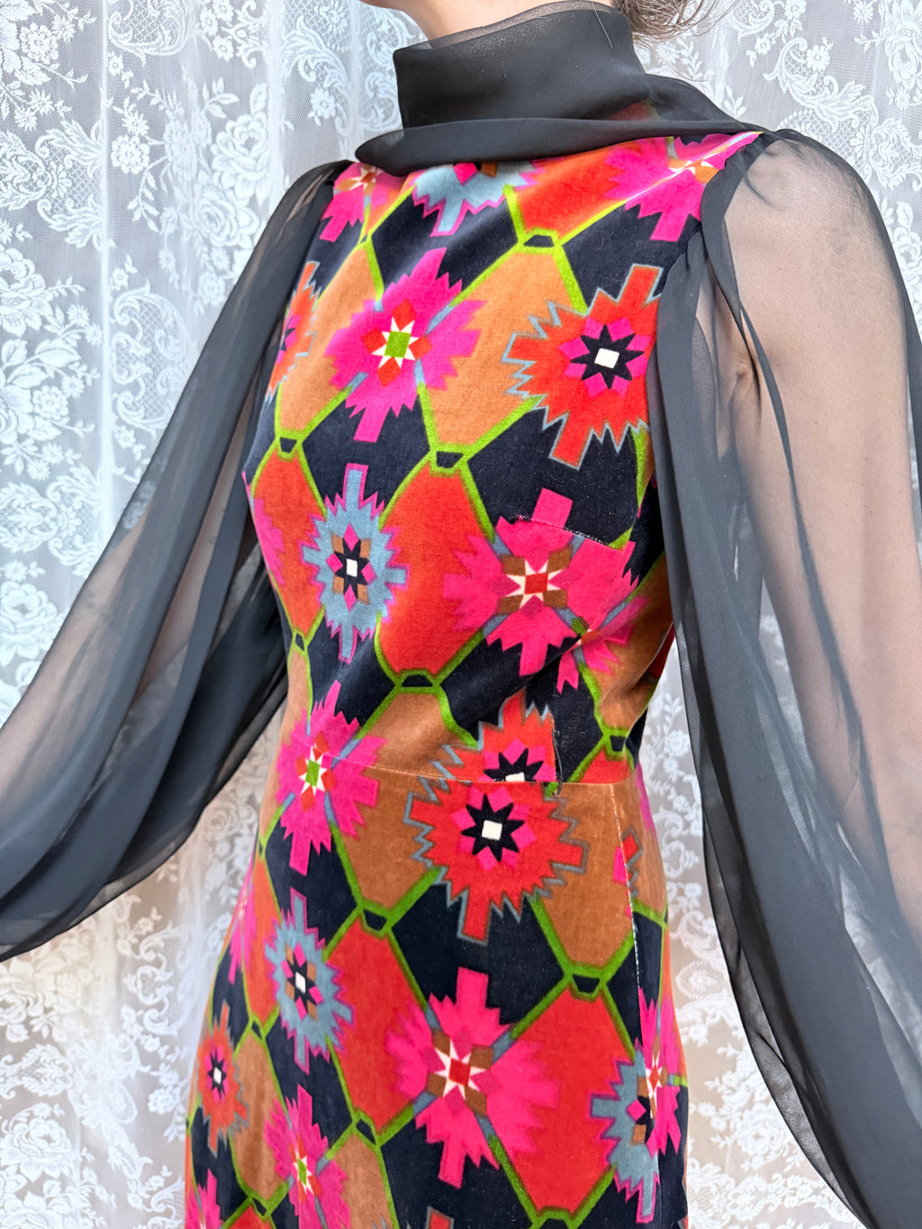 Vintage 1960s/1970s Frank Usher Velvet Geometric Maxi Dress