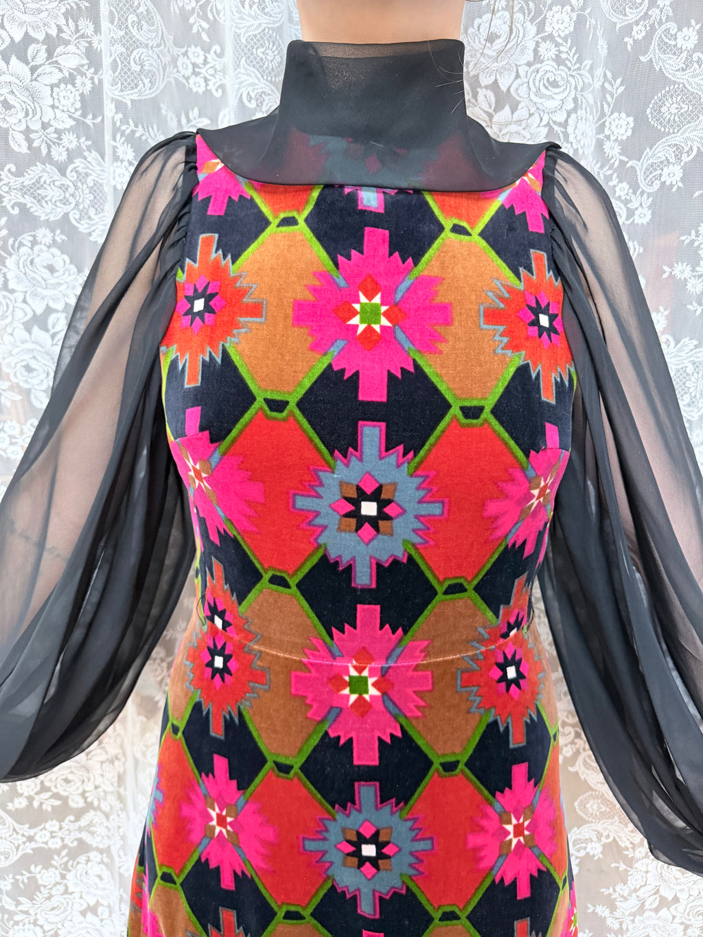 Vintage 1960s/1970s Frank Usher Velvet Geometric Maxi Dress