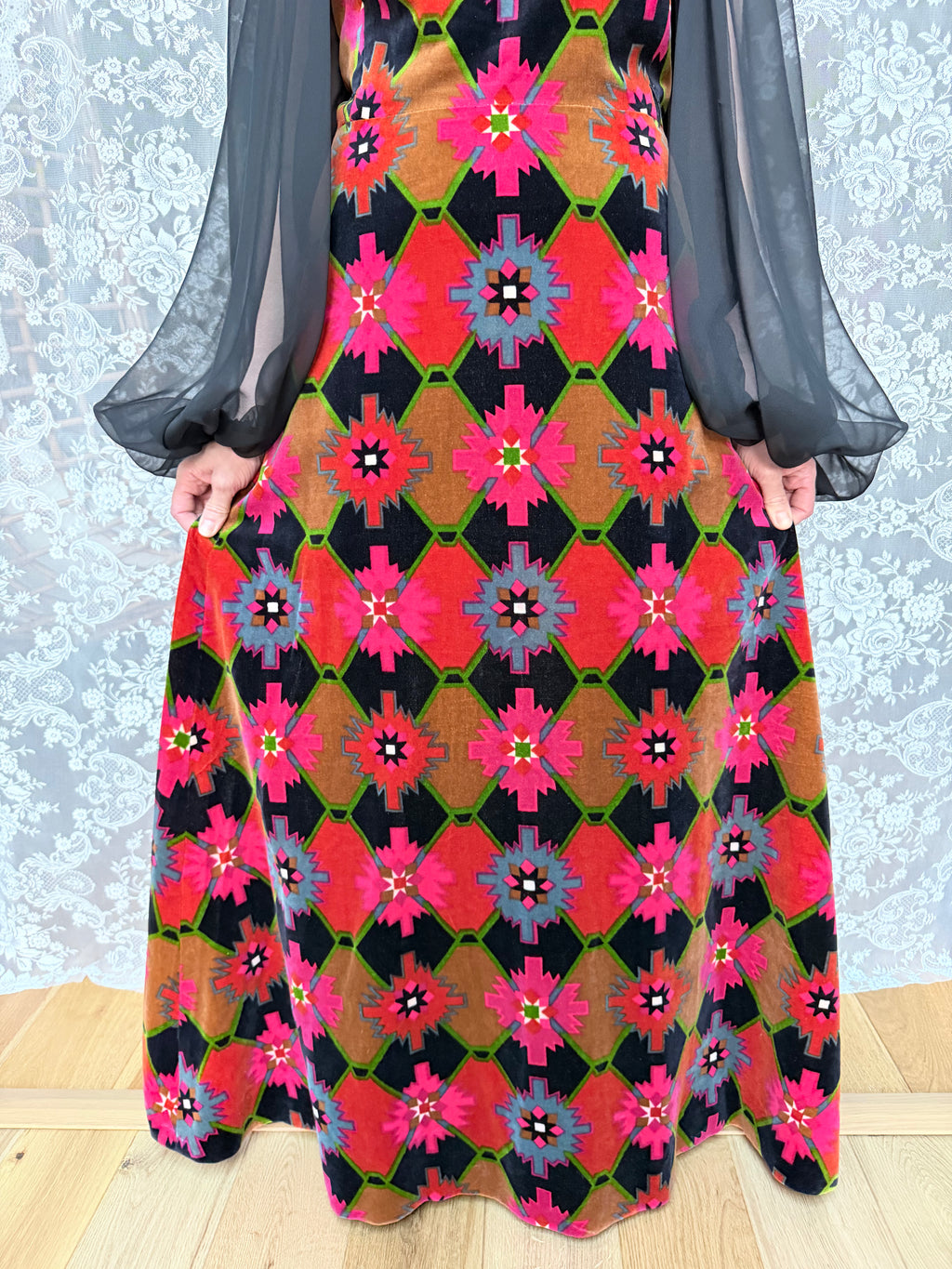 Vintage 1960s/1970s Frank Usher Velvet Geometric Maxi Dress