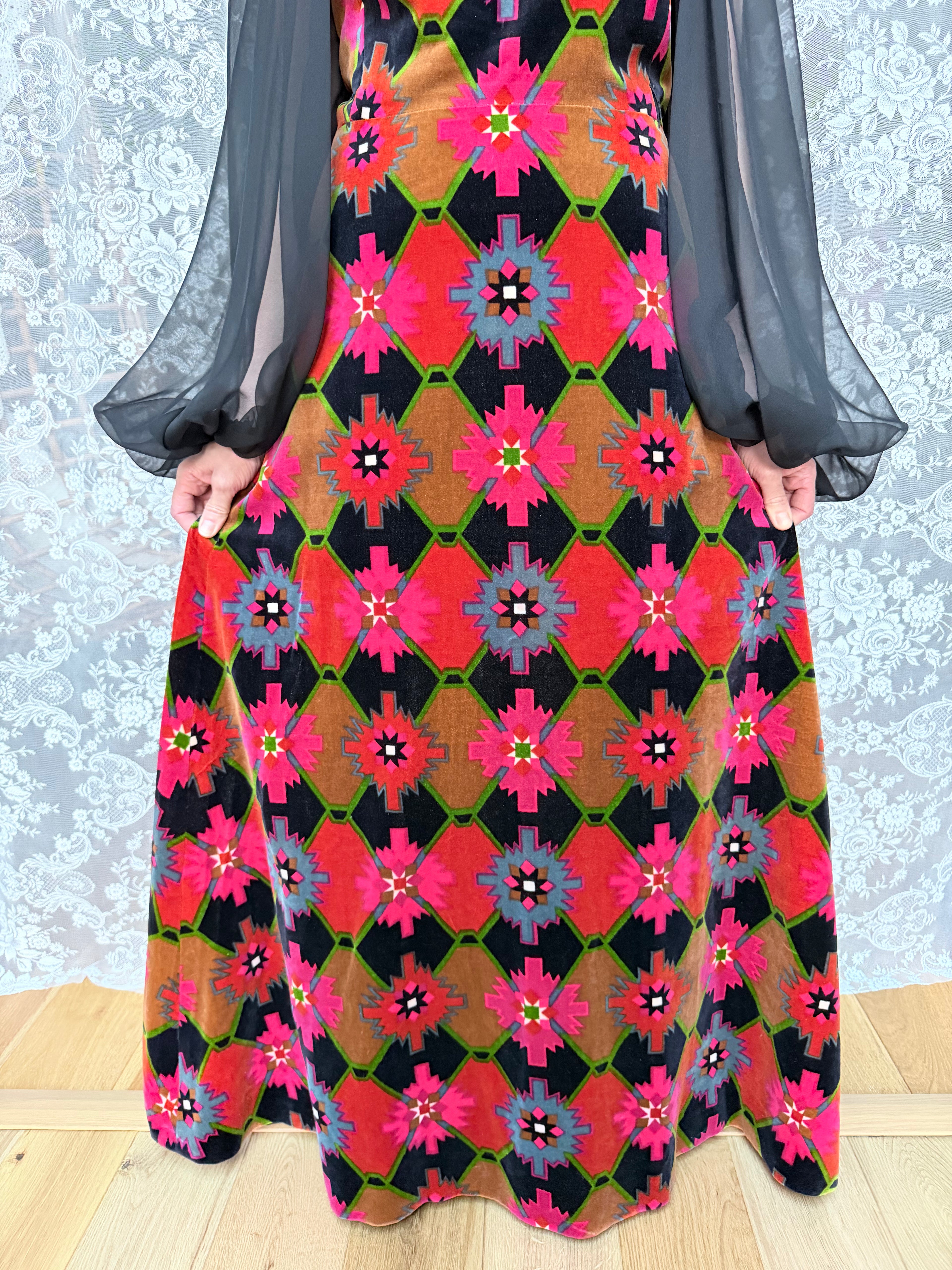 Vintage 1960s/1970s Frank Usher Velvet Geometric Maxi Dress